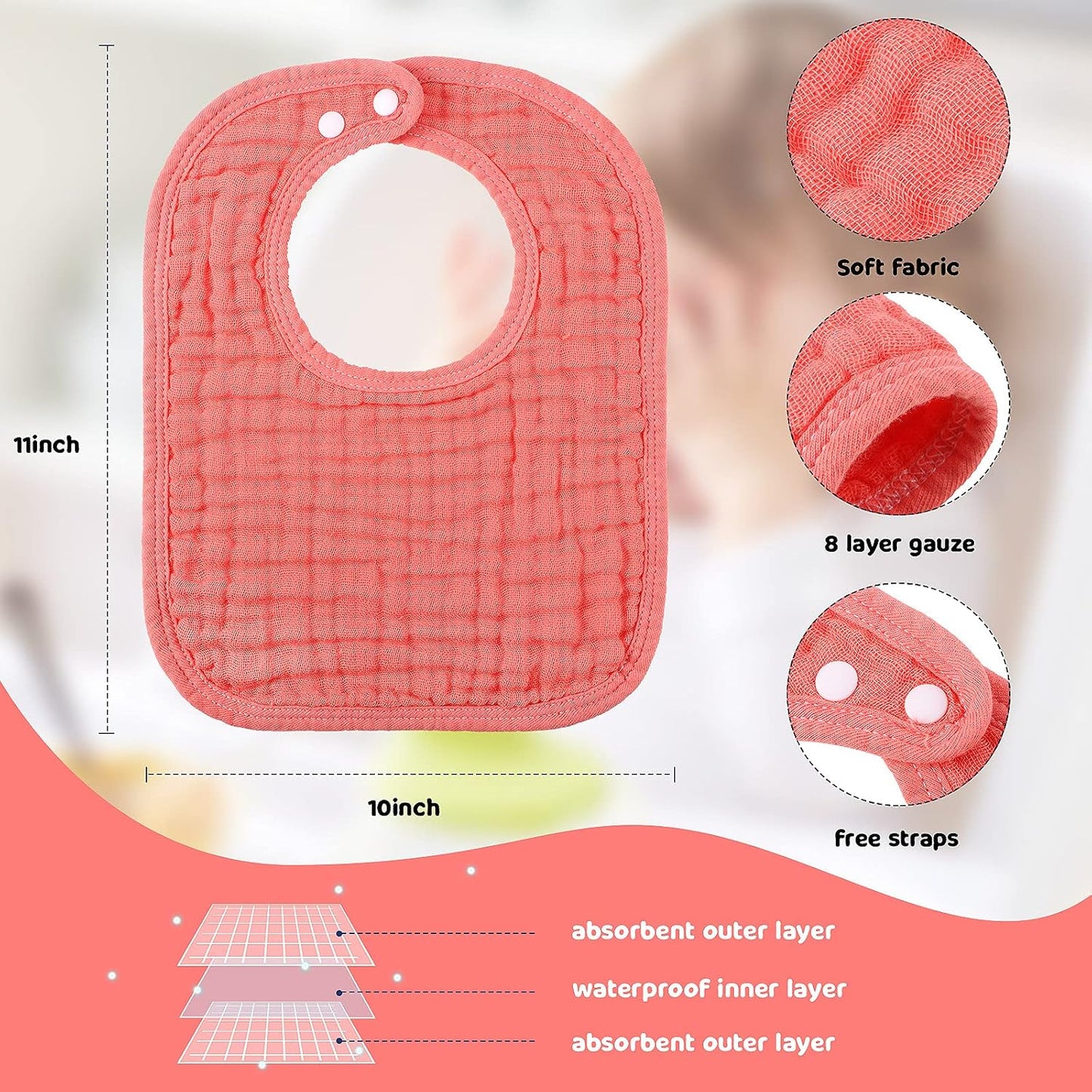 Tatuo 8 Pcs Baby Muslin Bibs & Burp Cloths 6 Absorbent Layer 100% Cotton Unisex Baby Bibs for Drooling and Teething