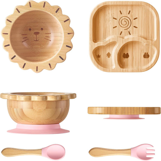 Suction Plates Bowls Set for Baby Toddler Non-Toxic Bamboo Feeding Set with Silicone Fork & Spoon (Pink Feeding Set)