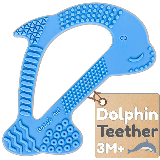 Silicone Baby Teether - Dolphin | 8 Teething Relief Textures, 100% Food-Grade, Easy to Hold & BPA Free Silicone Teethers for Babies, Baby Teething Toys, Soft Chew Toy for Babies Ages 3M+ - Baby’s Aid