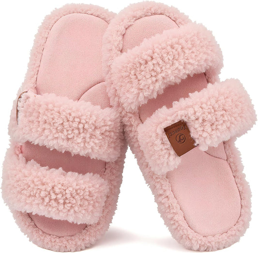 Youecci Girls Fuzzy Slippers-Soft Open Toe Slippers with Memory Foam & Arch Support, Dual-Strap Warm Comfy Home Slides Indoor House Shoes