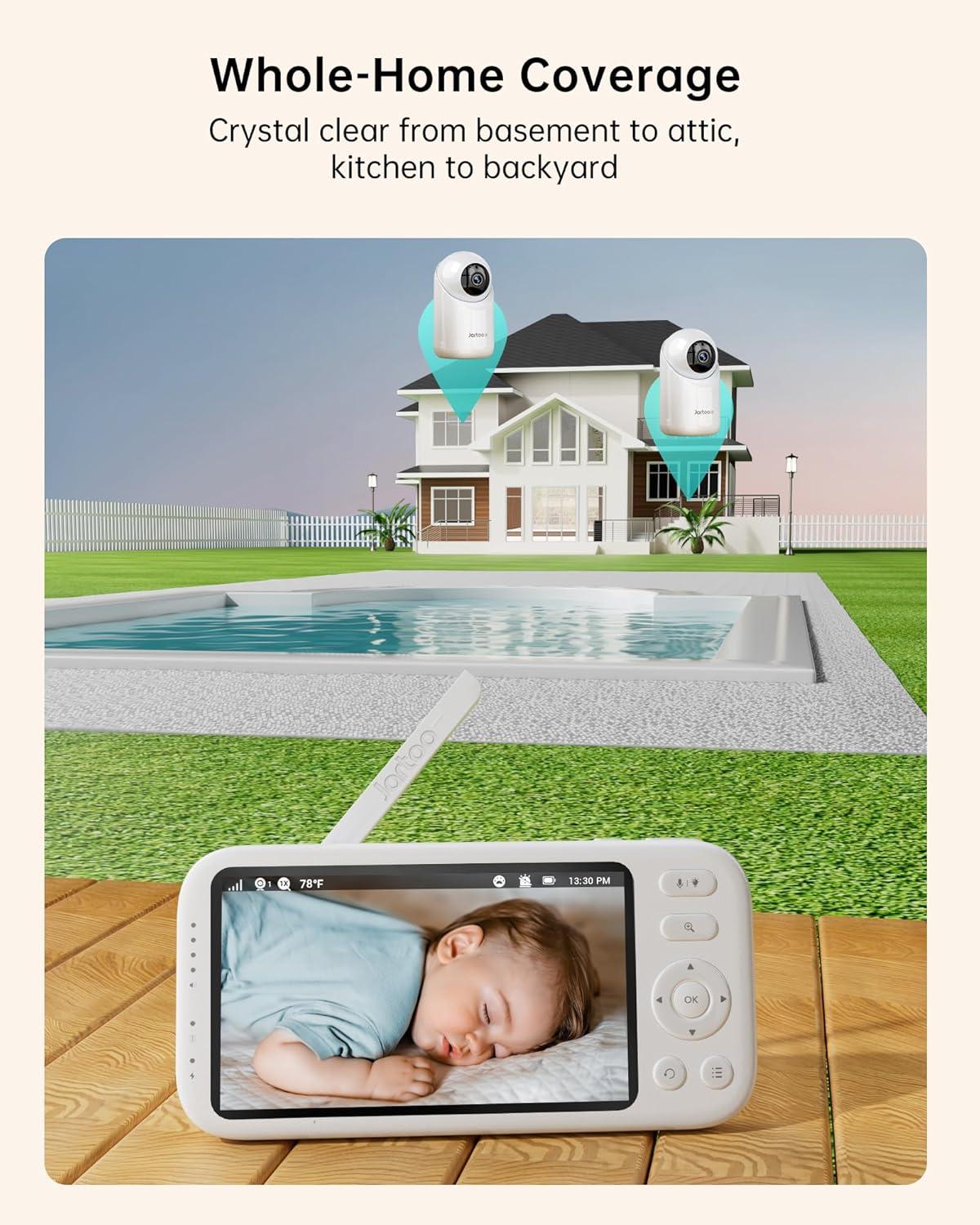 Jartoo 2K Video Baby Monitor with 2 Cameras and Audio, 1860ft Long Range Baby Monitor No WiFi, 5.5" Split Display, VOX - AI Cry Detect, ANR, IR Night Vision, 2-Way Audio, 6000mAh