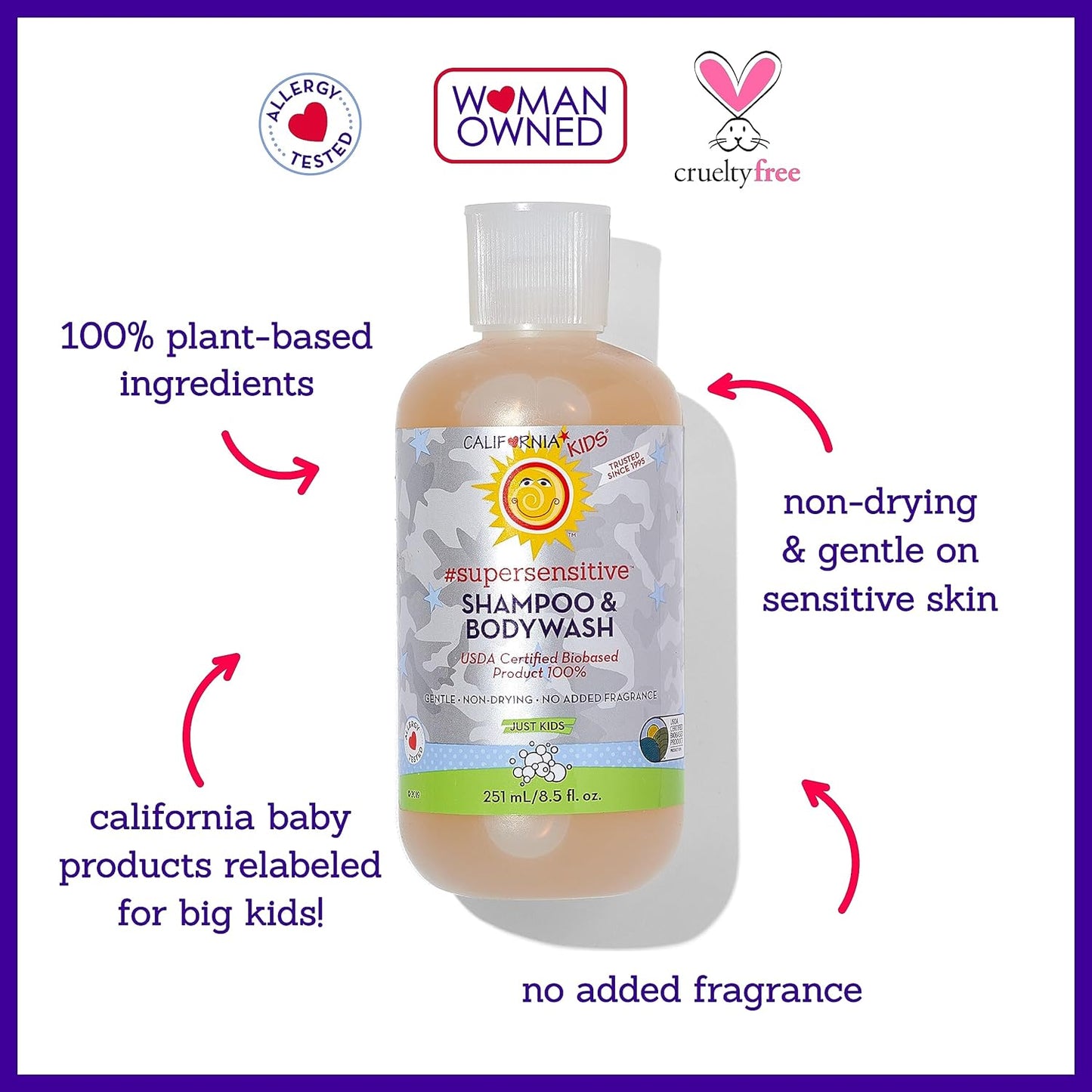 California Kids Shampoo + Body Wash | Super Sensitive Unscented | Gentle Skin Care for Kids + Teens | 100% Plant-Based | Hypoallergenic | 8.5 oz