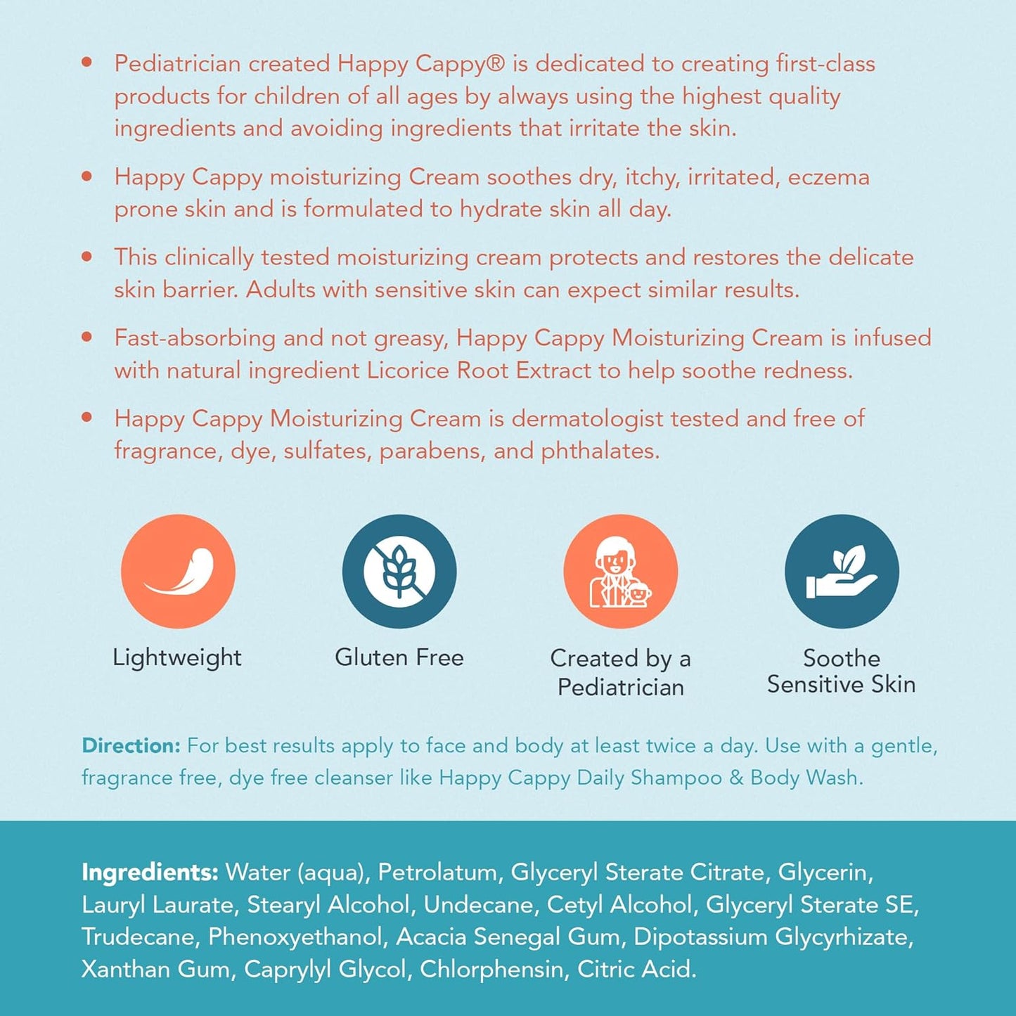 Happy Cappy Moisturizing Cream - Baby Cream for Eczema-Prone Skin, Dry Skin Lotion for Infants, Toddlers & Kids, Pediatrician-Formulated, Gentle, Paraben Free, Hypoallergenic, Sulfate Free - 12 fl oz