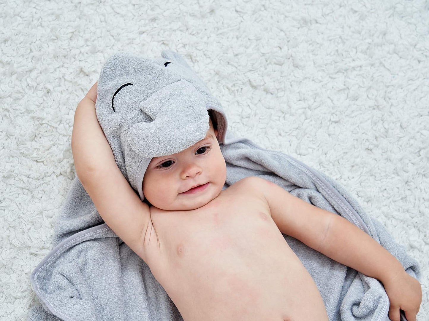 HIPHOP PANDA Hooded Towel - Rayon Made from Bamboo, Bath Towel with Bear Ears for Newborn, Babie, Toddler, Infant - Absorbent Large Baby Towel - Grey Elephant, 37.5 x 37.5 Inch