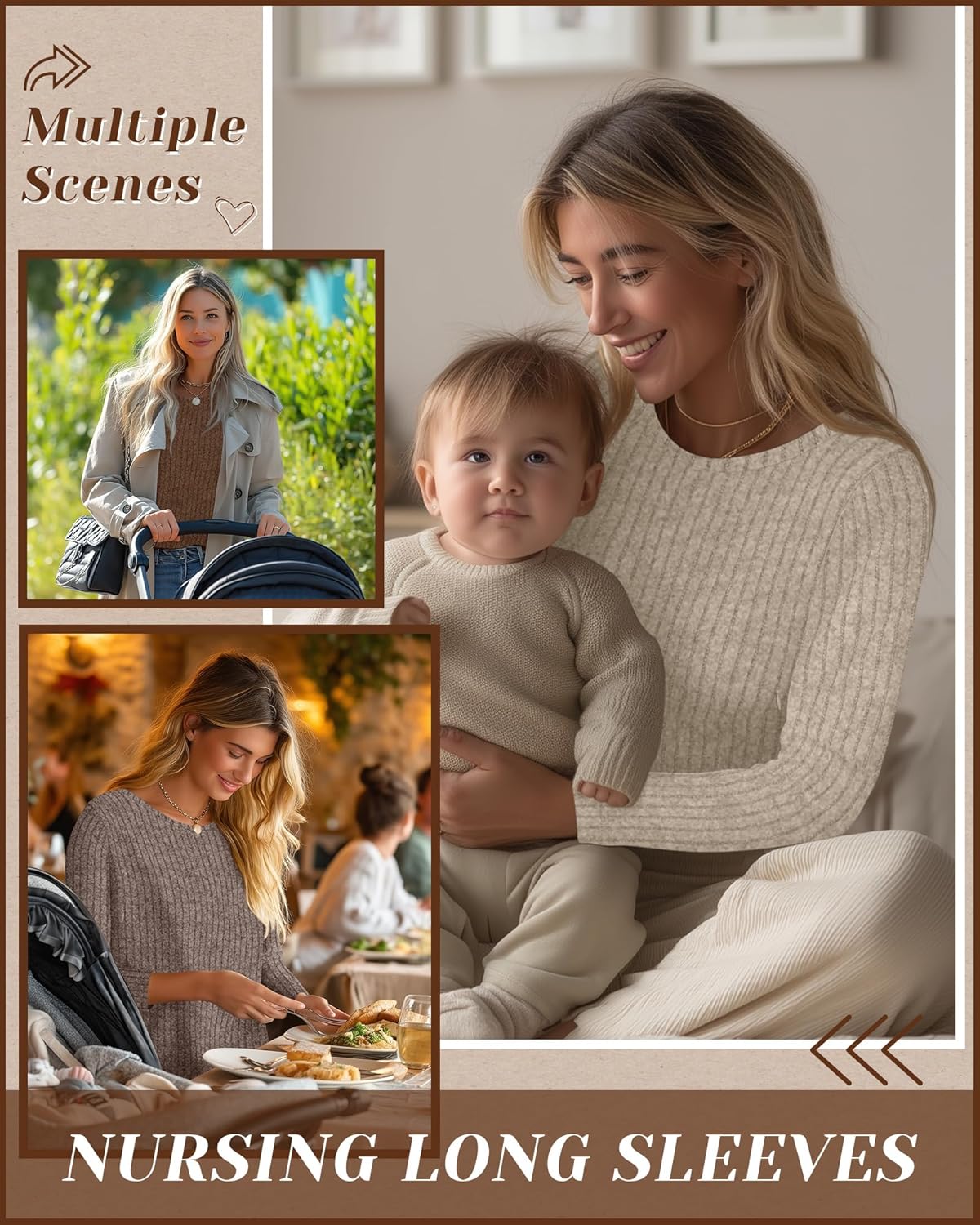 3 Pack Women's Nursing Long Sleeve Tops Breastfeeding Thermal Sweaters with Hidden Zipper Maternity Ribbed Shirts