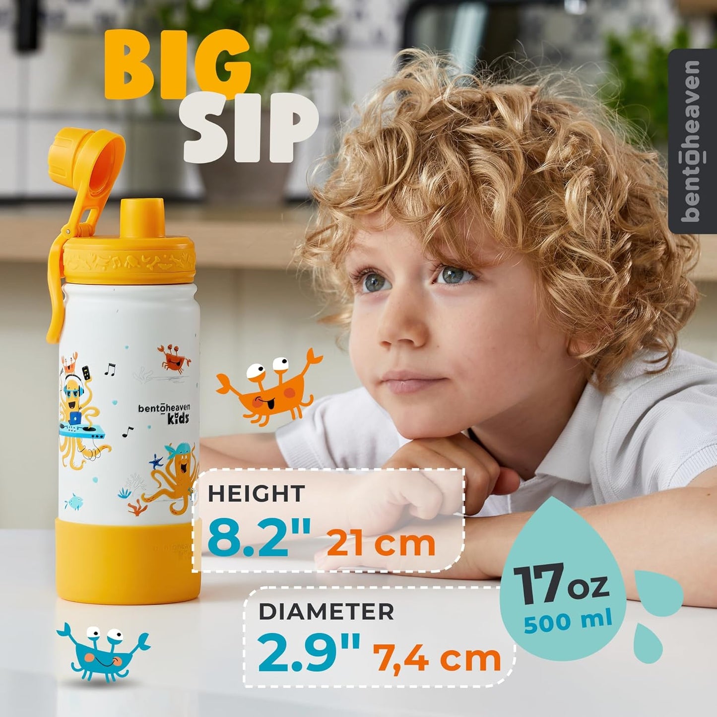 Bentoheaven Kids Water Bottle Stainless Steel for Boys & Girls, 2 Lids (Chug & Straw), Handle & Silicone Boot, Reusable Metal Leak-proof Insulated Tumbler, School & Sports 17oz (Orange)