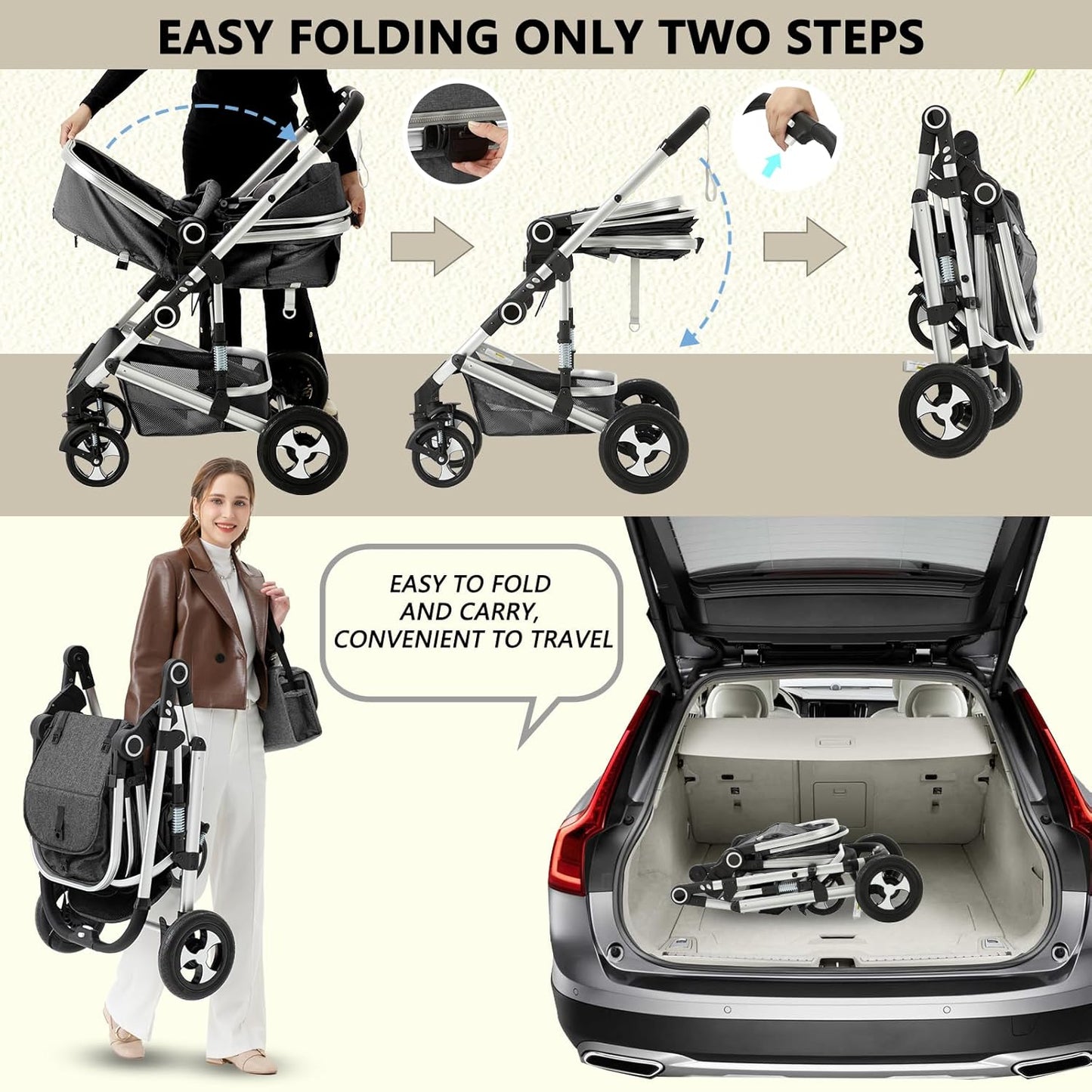 Kinder King 2 in 1 Convertible Baby Stroller, Folding High Landscape Infant Carriage, Newborn Reversible Pram, Diaper Bag, Anti-Shock Toddler Pushchair Stroller, Dark Grey