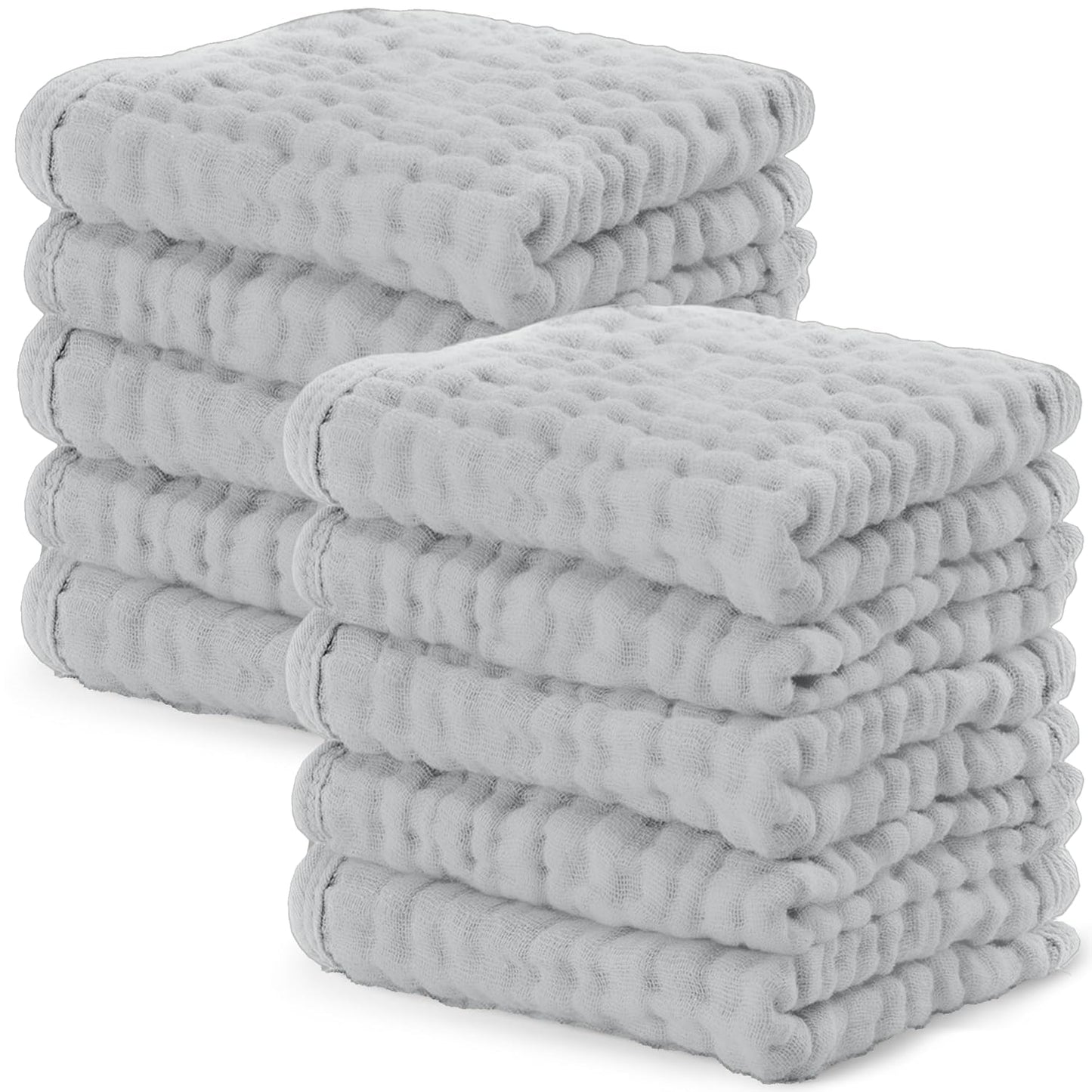 Comfy Cubs Muslin Baby Washcloths 10 Pack - Soft 6-Layer Cotton Wash Cloths for Sensitive Skin - 10"x10" Large, Gentle, Absorbent Infant Essentials for Newborn and Toddlers - Heather Blue