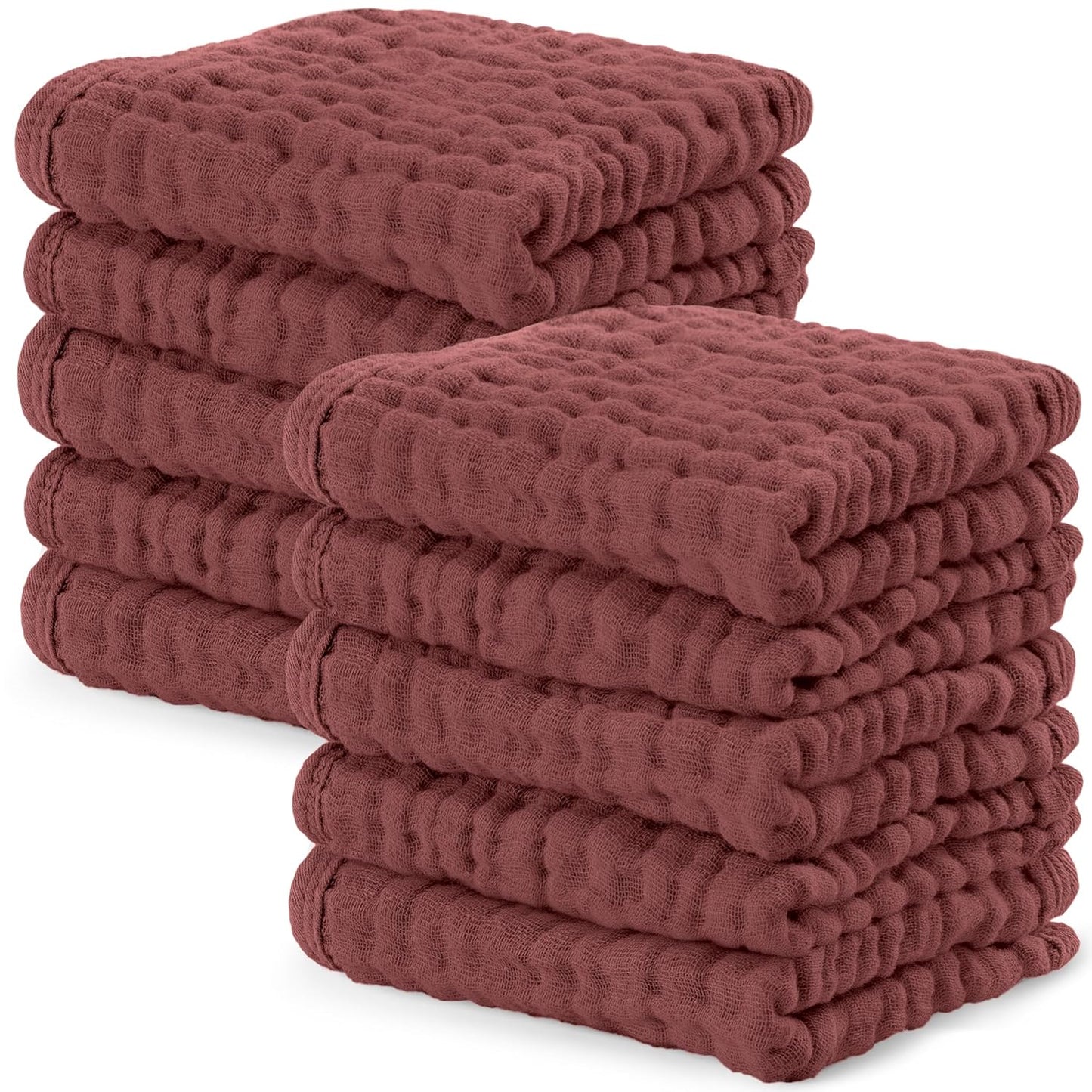 Comfy Cubs Muslin Baby Washcloths 10 Pack - Soft 6-Layer Cotton Wash Cloths for Sensitive Skin - 10"x10" Large, Gentle, Absorbent Infant Essentials for Newborn and Toddlers - Wine
