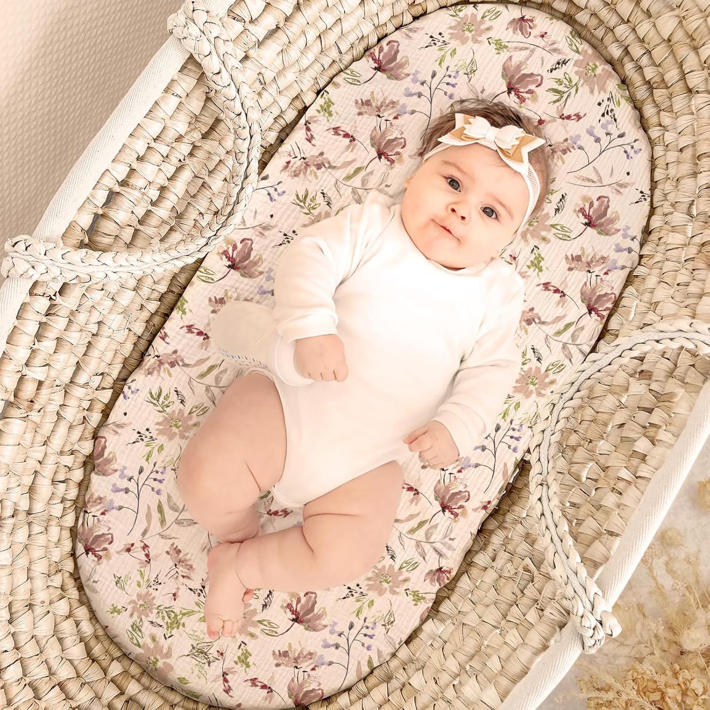 lulumoon Baby Bassinet Sheets Muslin: Soft Fitted Bassinet Sheets Floral for Girls - Fit for Oval Rectangle or Hourglass Mattress