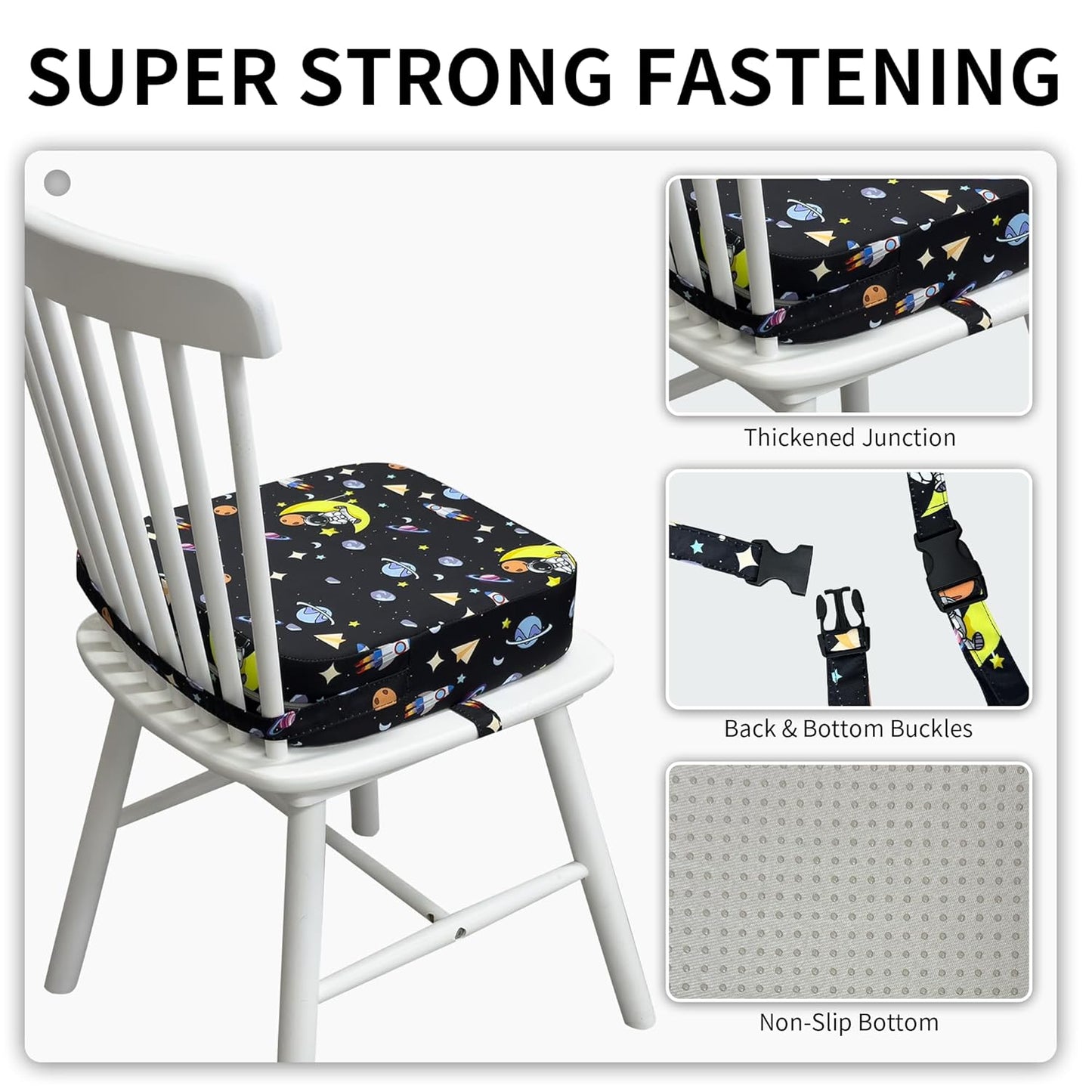 Toddler Booster Seat for Kitchen Chair, 3.5" Oxford Foam Cushion, Non-Slip Base, Adjustable Straps, Portable Dining Booster for Self-Feeding Toddlers at Home or on The Go (Black Starry Sky)