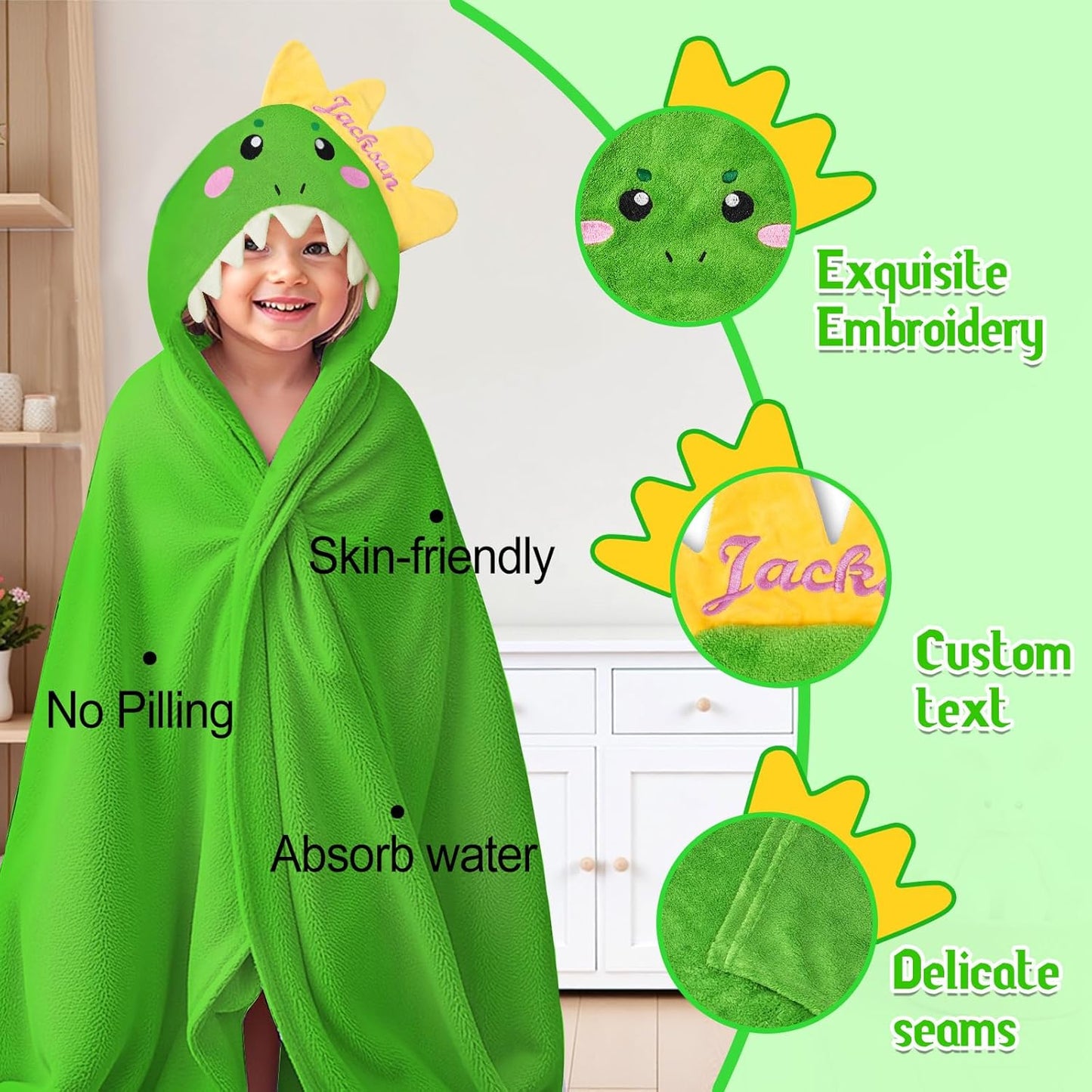 Custom Hooded Baby Towel with Name, Personalized Soft Highly Absorbent Bath Towels, Dinosaur Baby Towels for Girls Boys, Easter Brithday for Infant, Toddler, Newborn Essentials