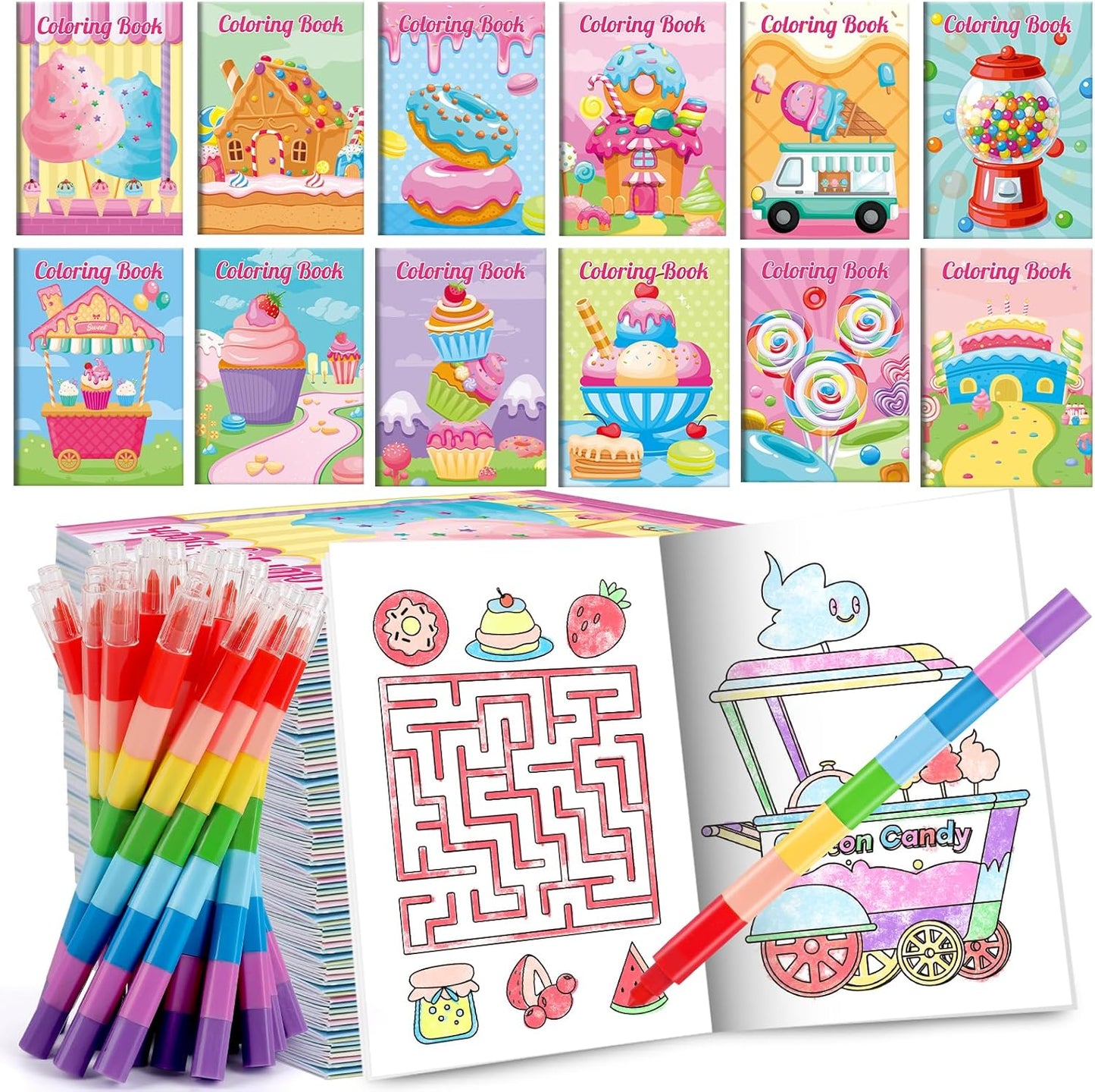 BenLouis 12 Donut Candyland Mini Coloring Books Kids with 12 Stacking Crayons Ice Cream Party Favors Small Activity Books Bulk for Kids Sweet Treats Desserts Birthday Party Gift Goodie Bag Stuffers