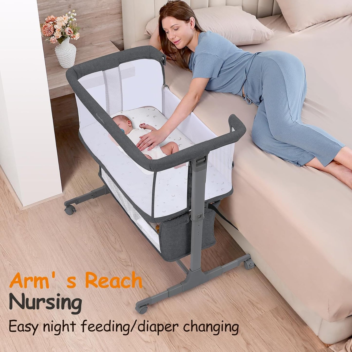 Ezebaby Bedside Bassinet for Baby, Portable Baby Bassinet Bedside Sleeper for Newborn Infants with Wheels Storage Basket, Adjustable 7 Heights and All Mesh Sides