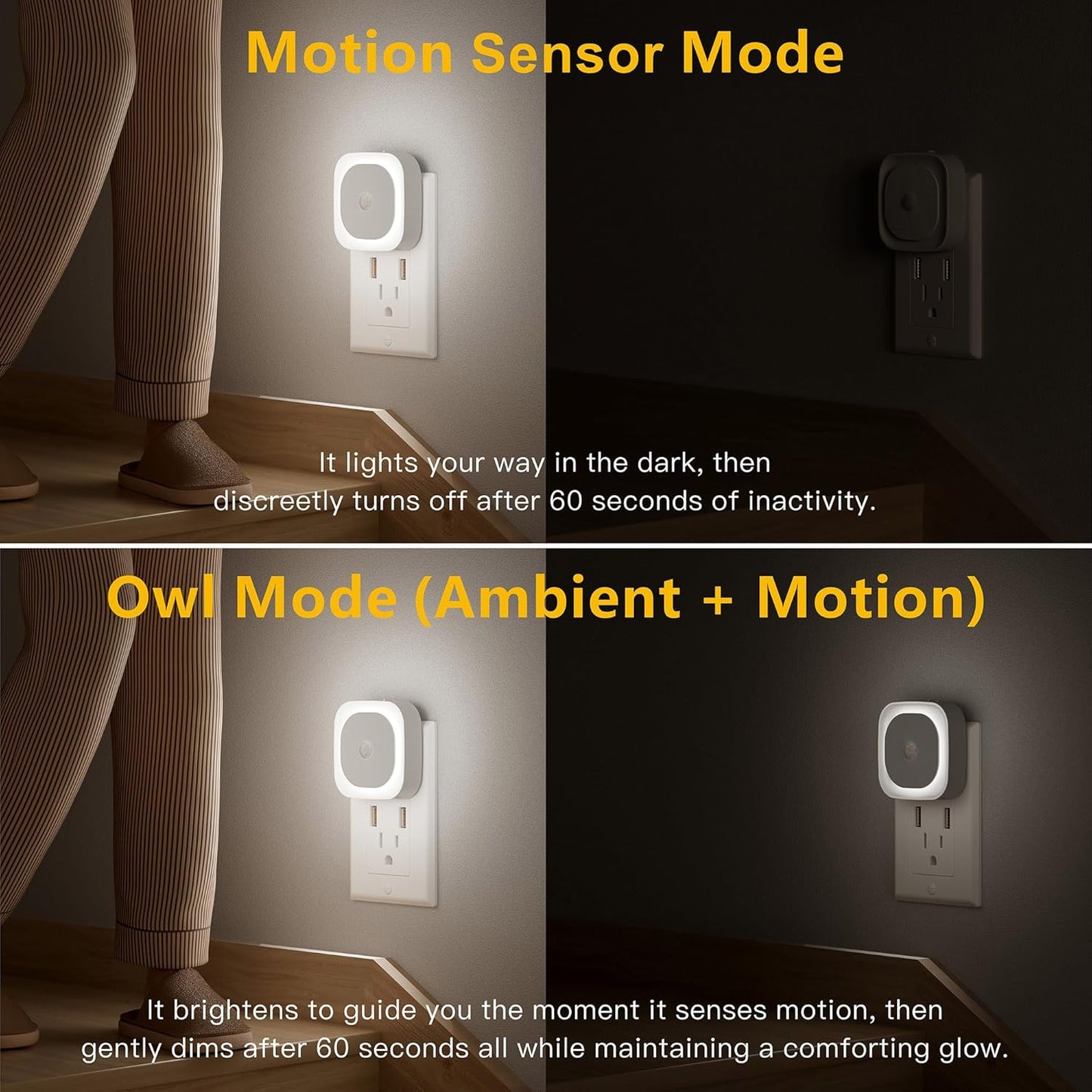2 Pack Plug in Night Light with Motion Sensor & Dusk to Dawn Sensor, 3 Sensor Modes, Night Lights Plug into Wall, Auto ON/Off, Dimmable Nightlight for Bathroom, Stairs, Kitchen, Cool White