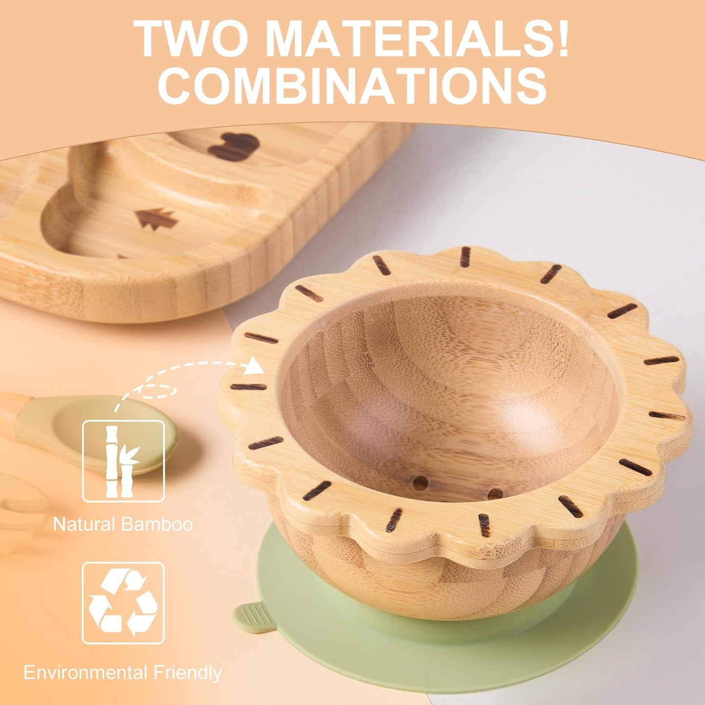 Suction Plates Bowls Set for Baby Toddler Non-Toxic Bamboo Feeding Set with Silicone Fork & Spoon (Green Feeding Set)