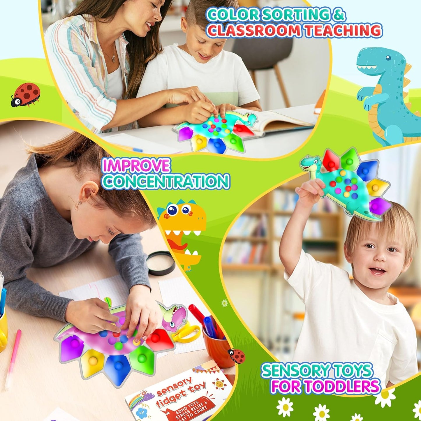 UIIOPJIOM 2PC Dinosaur Color Sorting Sensory Toys, Montessori Toys for Toddler Fine Motor Skill Game Learning Activities Quiet Calm Down Fidgets for Classroom Christmas Stocking Stuffers for Boy Girl