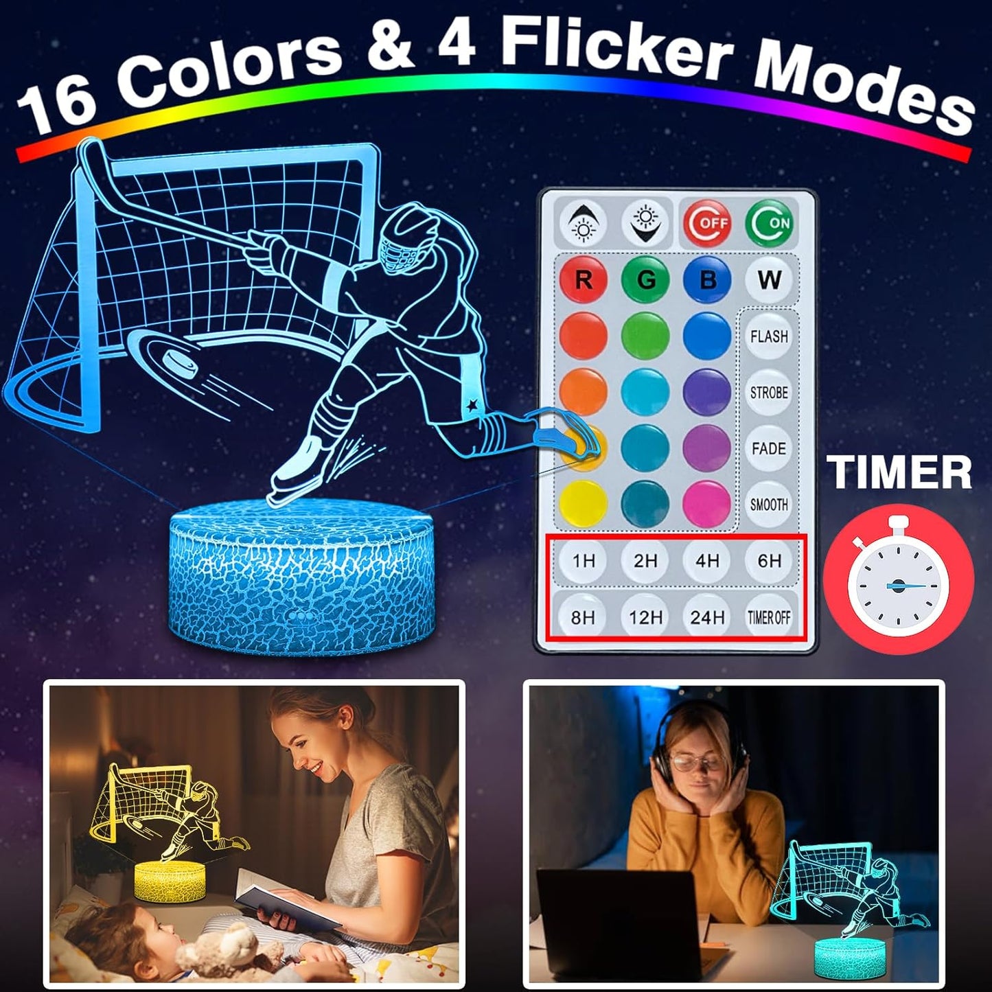 3D Ice Hockey Light Illusion, 16 Colors LED Night Light - Touch and Remote Control, Timer Tpye-C Dimmable Hockey Lamp, Room Home Decor