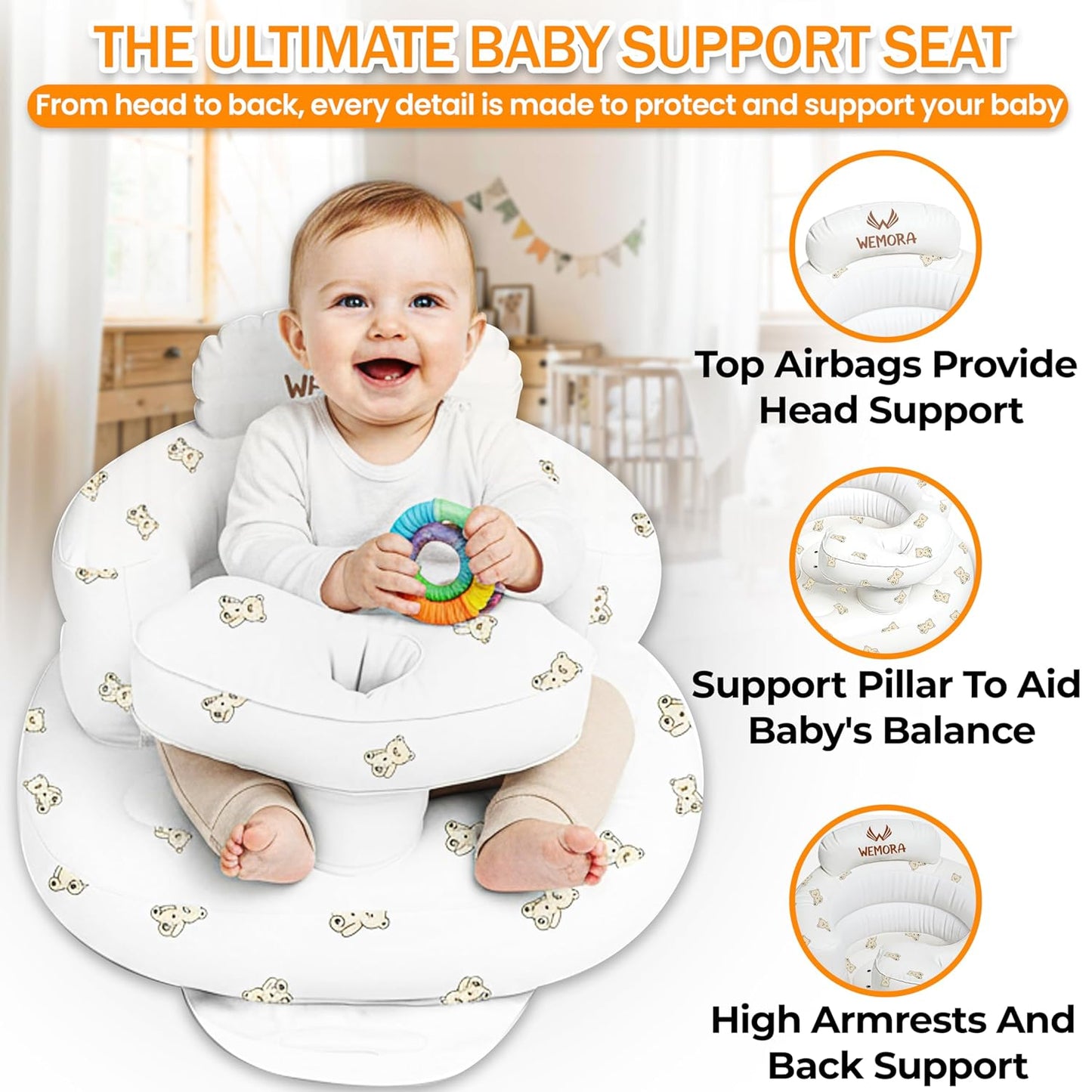 Inflatable Baby Seat for Babies 3-36 Months Blow Up Chair for Babies Infants Toddler Floor Sitting Up with Built in Air Pump (White, Bear)