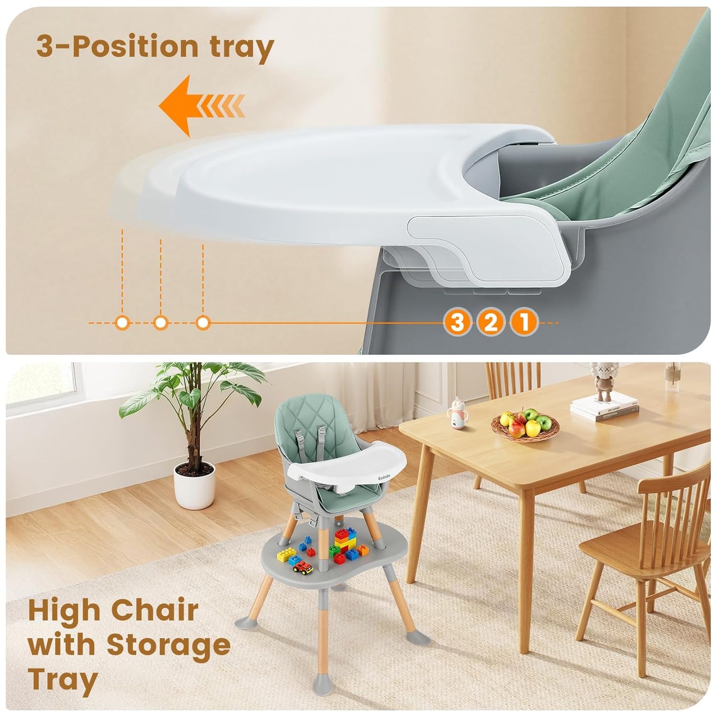 Ezebaby Convertible Baby High Chair with Table & Seat, 8-in-1 Adjustable Toddler Feeding Chair, Multi-Stage Infant to Kid Dining Booster Seat with Safety Harness, Easy to Clean & Sturdy Design(Green)