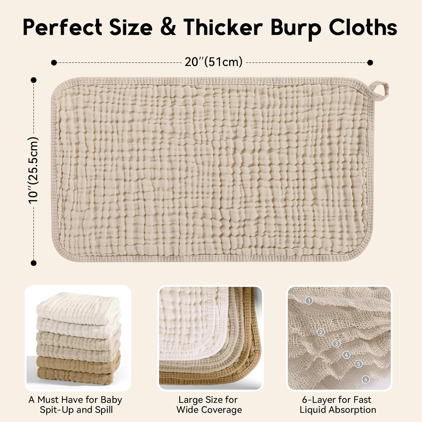 Muslin Burp Cloths for Baby 100% Cotton Burping Cloths for Boys Girls Large 20''X10'' Extra Soft and Absorbent 12 Pack - Gradient Khaki