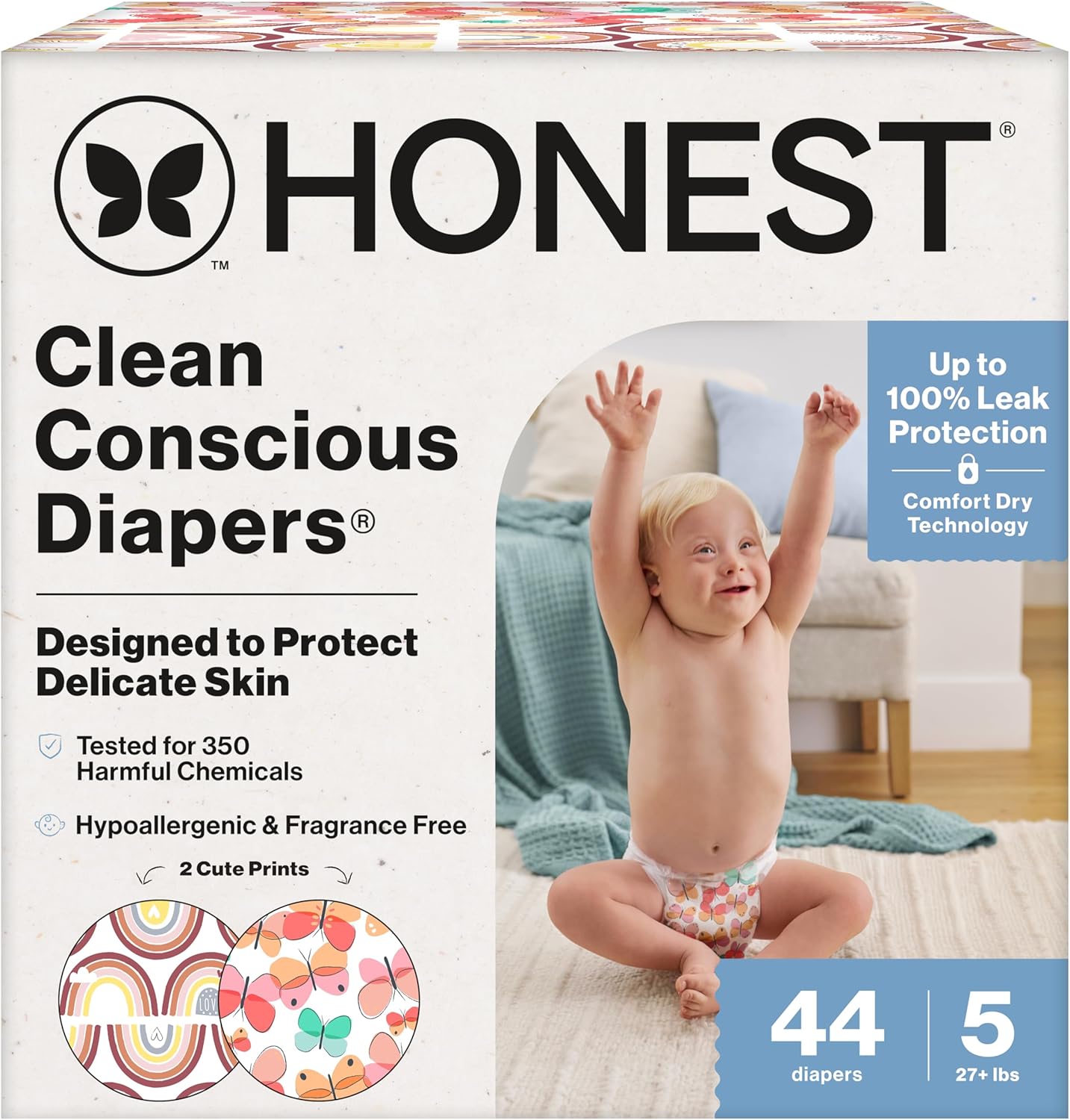 The Honest Company Clean Conscious Diapers for Delicate Skin | Up to 100% Leakproof | Hypoallergenic, Fragrance Free | Girl Prints | Club Box, Size 5 (27+ lbs), 44 Count (Prints May Vary)