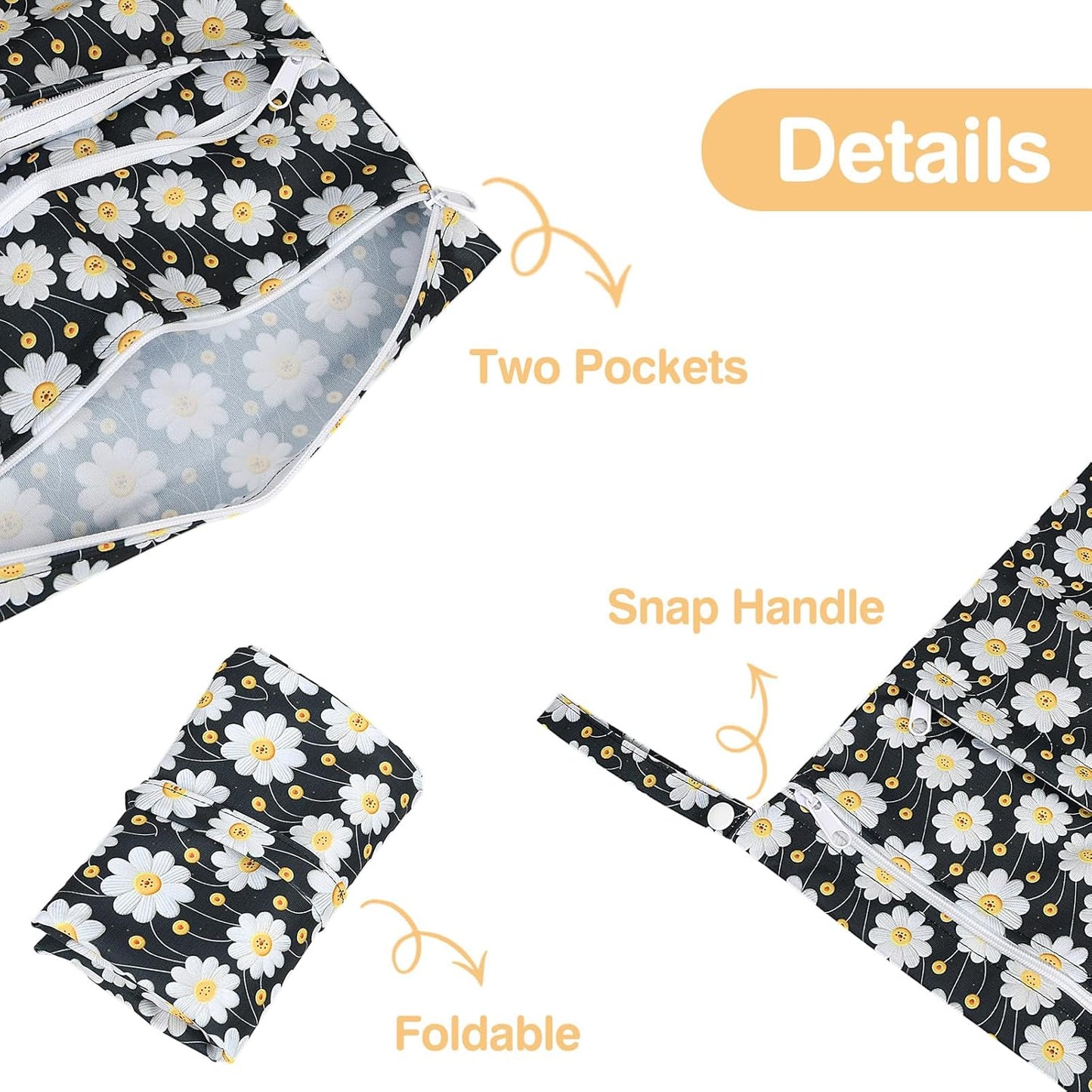 Wet Dry Bags 2 Pack,Waterproof Reusable Travel Bags for Swimsuits,Baby Cloth Diapers,Beach,Pool,Gym Bag & Wet Clothes with 2 Pockets -Daisy