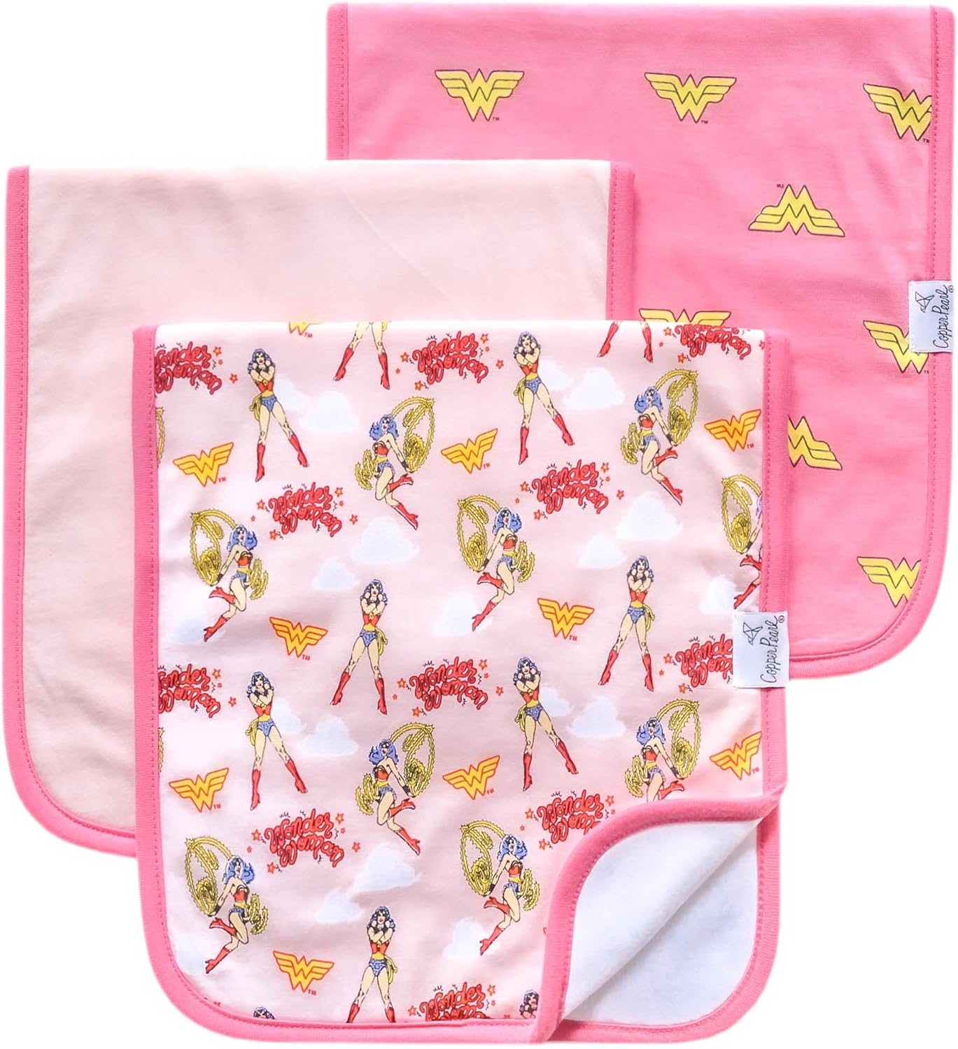 Copper Pearl Premium Baby Burp Cloths - 3-Pack Large Cotton Burp Cloths, Extra Soft Spit Up Rags with 3 Absorbent Layers, Perfect for Baby Girl Gifts (21" x 10" Size, Wonder Woman Set)