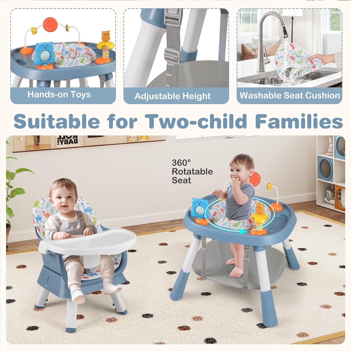 KOTEK 16 in 1 Convertible High Chair, Baby Highchair & Activity Center with Toys, Booster Seat, Building Block Table, Toddler Chair with 5-Point Harness, Removable Tray & Cushion (Blue)