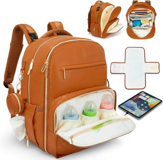 Award-Winning Premium Leather Diaper Bag Backpack – Stylish, Durable, Waterproof Vegan Leather with PEVA Changing Pad & Baby Headrest, Travel-Friendly, Organized for Busy Parents