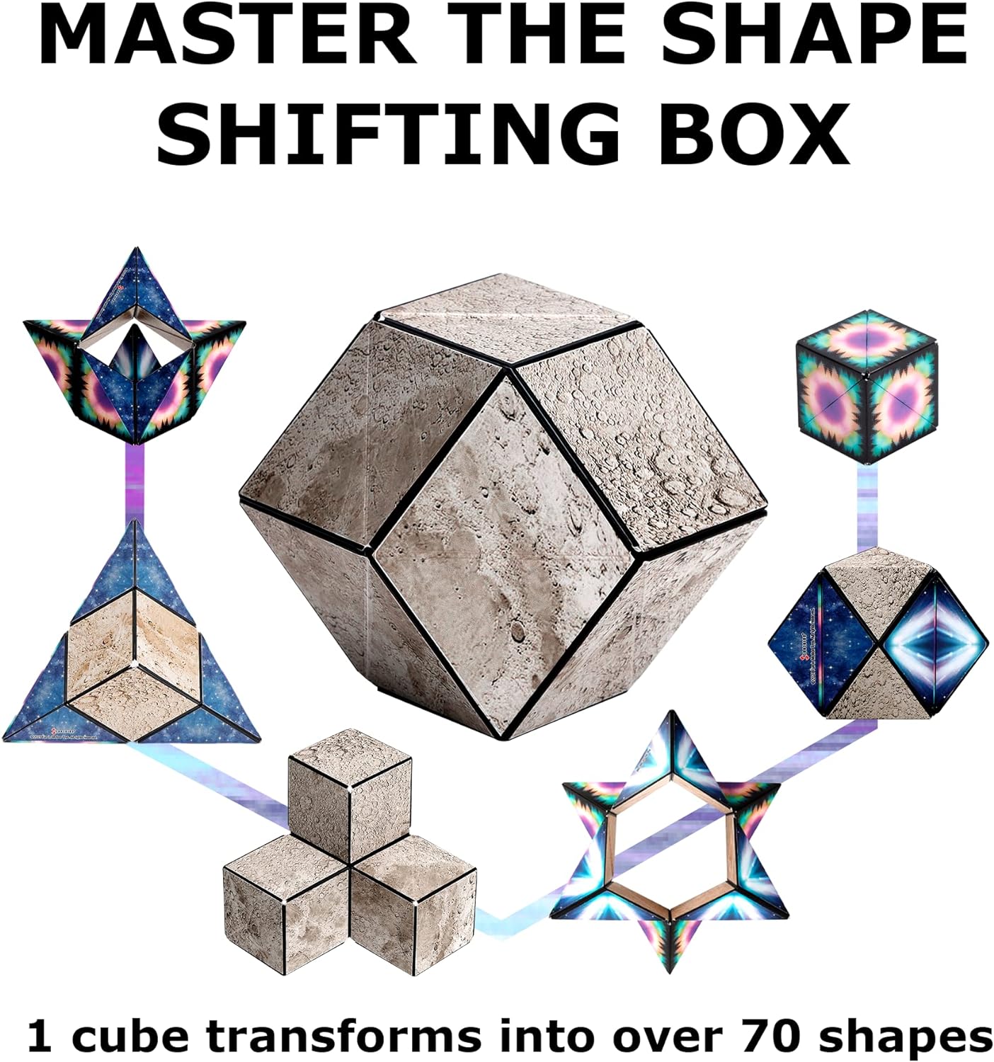 SHASHIBO Shape Shifting Box - Award-Winning Fidget Toy w/ 36 Rare Earth Magnets - Fidget Cube Transforms Into Over 70 Shapes, Sensory Toy Gift for Kids, Teens, and Adults (Moon)