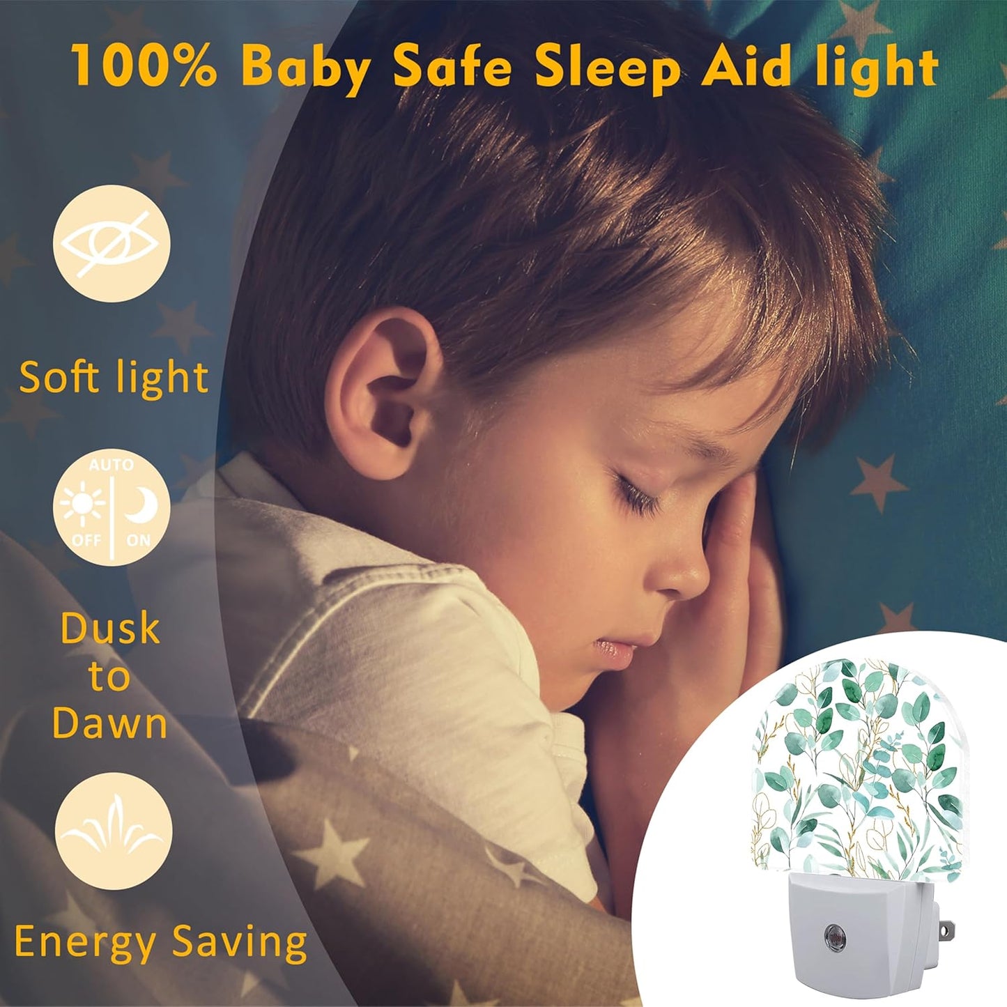Green and Gold Eucalyptus Leaves Night Light Plug into Wall,Watercolor Botanical Leaves Dusk to Dawn Night Light,0.5w Energy Saving Sleep Friendly Nightlights for Kids Boys Girls Home Decor