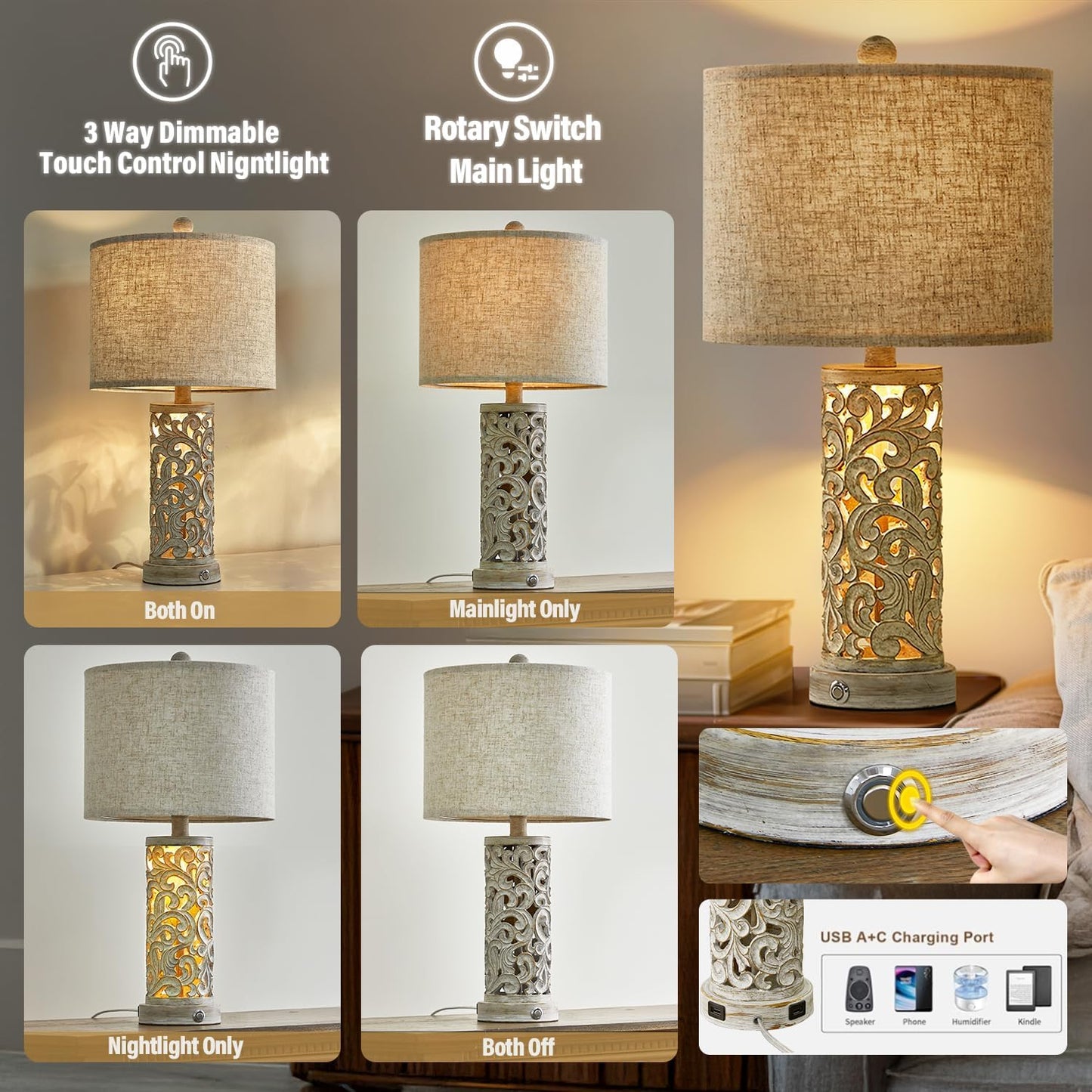 OYEARS 3-Way Dimmable 22'' USB A+C Touch Control Table Lamp with Nightlight for Living Room Bedroom Farmhouse Bedside Nightstand Lamps (Bulb Included)