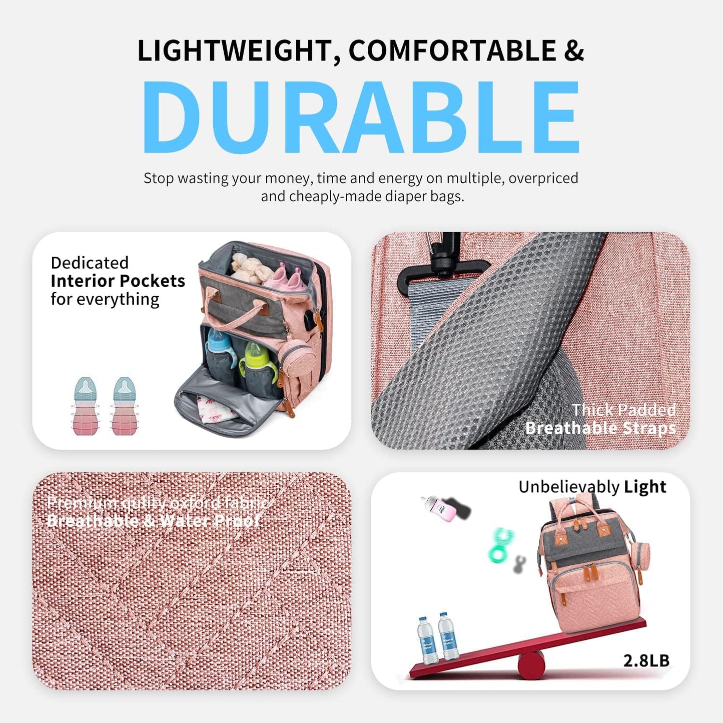 KABAQOO Diaper Bag Backpack with Detachable Changing Station, Large Capacity Baby Diaper Bags for Boys & Girls, Baby Registry Search Stuff & Shower Gifts, Newborn Essentials Must Haves, Pink Grey