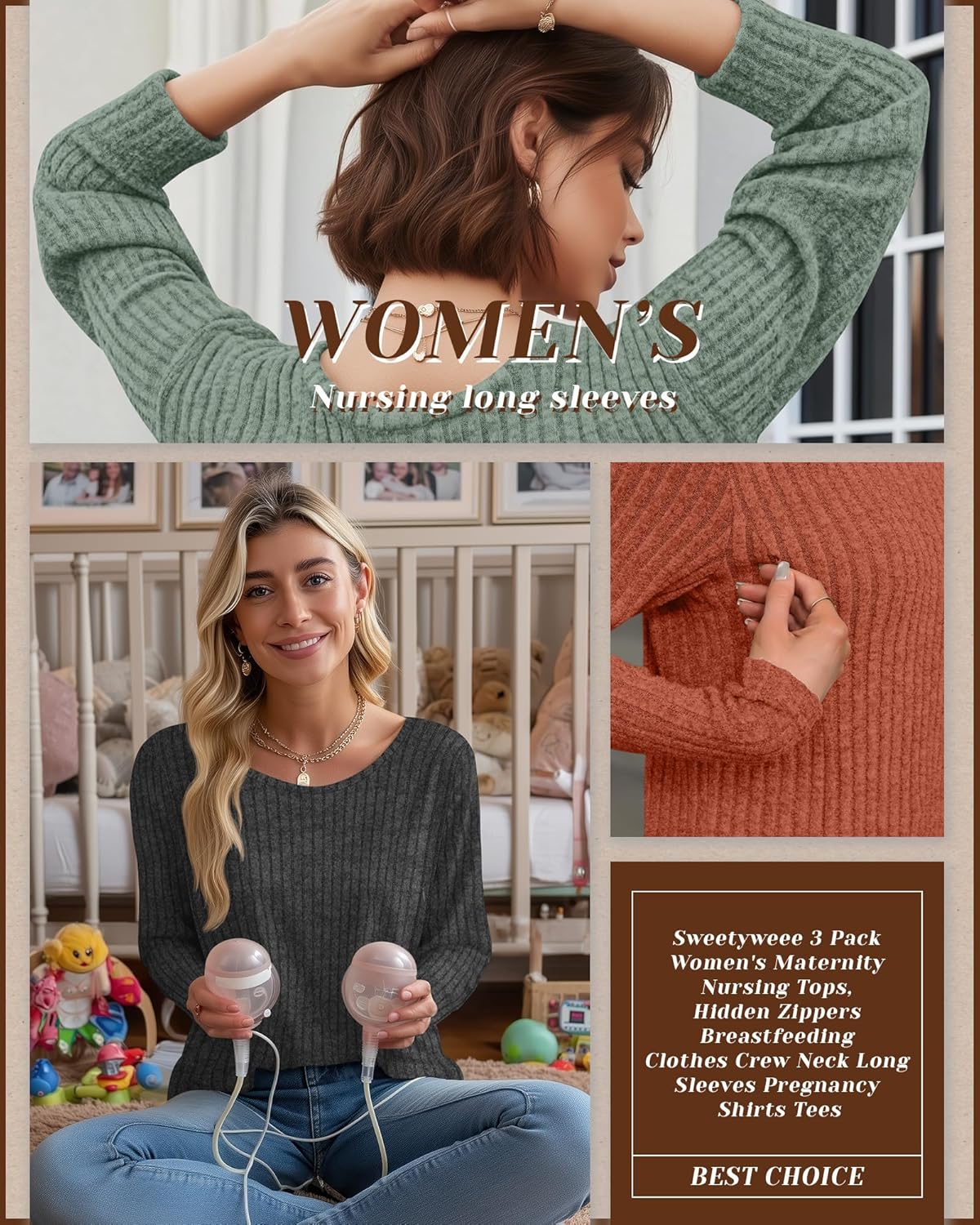 3 Pack Women's Nursing Long Sleeve Tops Breastfeeding Thermal Sweaters with Hidden Zipper Maternity Ribbed Shirts