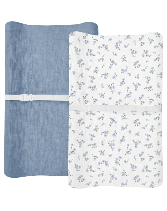 Changing Pad Cover for Baby Boy Girl 2 Pack, Muslin Changing Table Pad Covers with Boho Style, Neutral Nursery Bedding Essentials Soft and Breathable (Bluebell Bloom & Light Blue)
