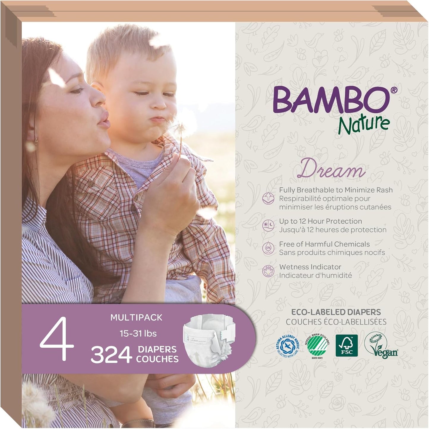 Bambo Nature Hypoallergenic Dream Baby Diapers, Premium Eco-Labeled Sustainable Diapers, Enhanced Leakage Protection, Totally Chlorine-free, Skin Friendly, and Super Absorbent - Size 4 (324 Count)