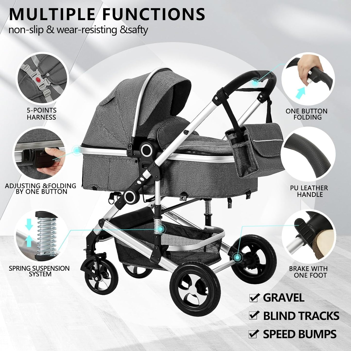 Kinder King 2 in 1 Convertible Baby Stroller, Folding High Landscape Infant Carriage, Newborn Reversible Pram, Diaper Bag, Anti-Shock Toddler Pushchair Stroller, Dark Grey