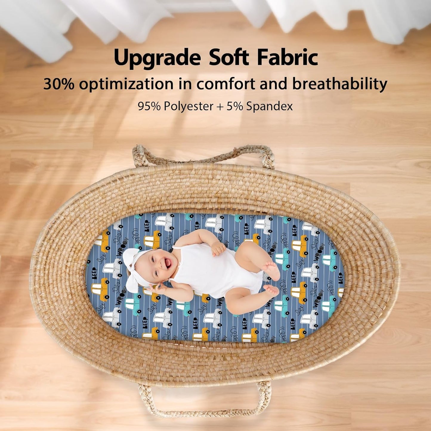 Baby Bassinet Sheets Girl Boy, Fitted Bassinet Sheet Set 3 Pack Bassinet Mattress Sheets Universal Fit for Rectangle, Round, Oval, Hourglass Mattress, Soft Breathable Grey & Blue Car