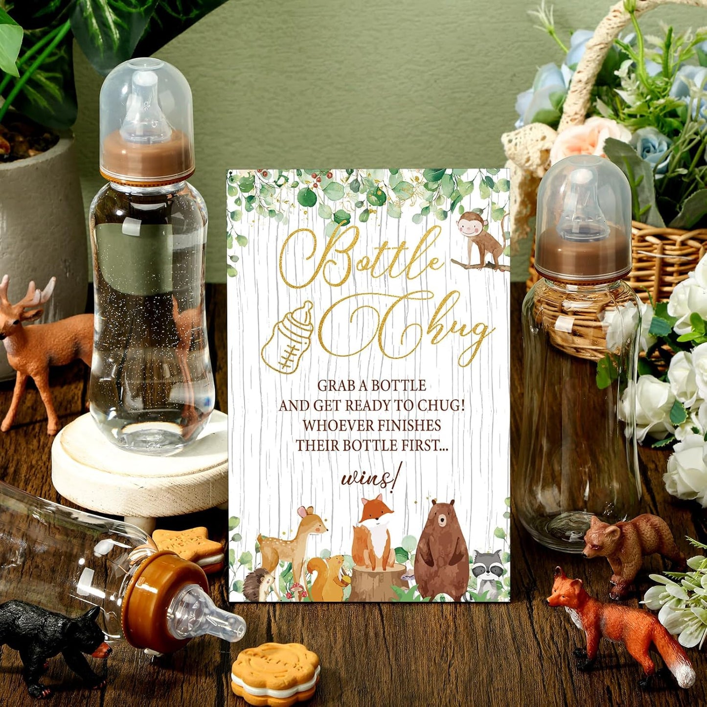 TrelaCo Woodland Animal Cool Baby Shower Games Bottle Chug Sign Wooden Woodland Gift Sets Gender Reveal Party Favors and 12 Pcs Baby Bottle Shower Favor for Gender Reveal