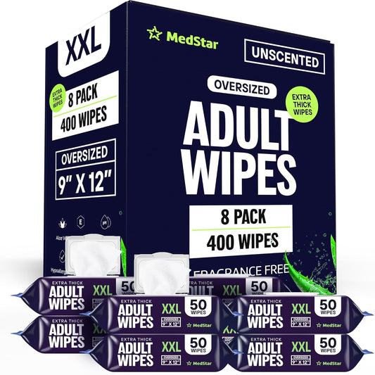 Adult Wipes for Elderly 8 Pack - Hospital Grade Extra Large Extra Thick Disposable Washcloths for Adult No-Rinse Bathing & Shower Alternative - Fragrance-Free XXL