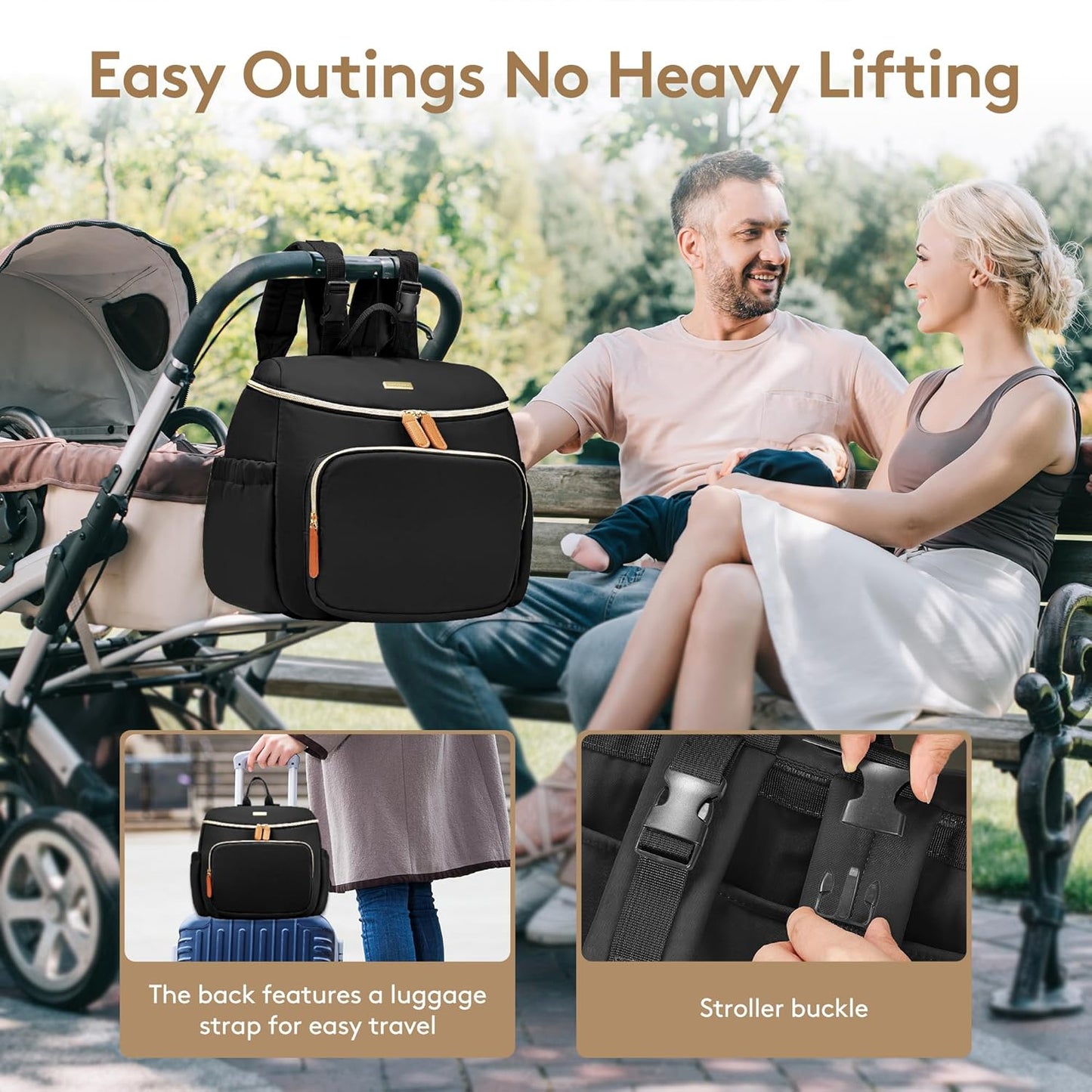 Compact Diaper Bag Backpack – Lightweight & Waterproof Baby Bag for Moms & Dads, Includes Changing Pad & Stroller Straps, Small Travel Diaper Backpack for Daily Use – Black