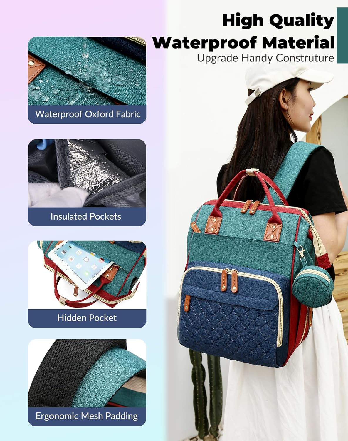 Diaper Bag with Changing Station, Waterproof 3 in 1 Diaper Backpack with Foldable Changing Pad, Baby Registry Search &Baby Shower Gifts - Newborn Essentials, Red-Green-Blue