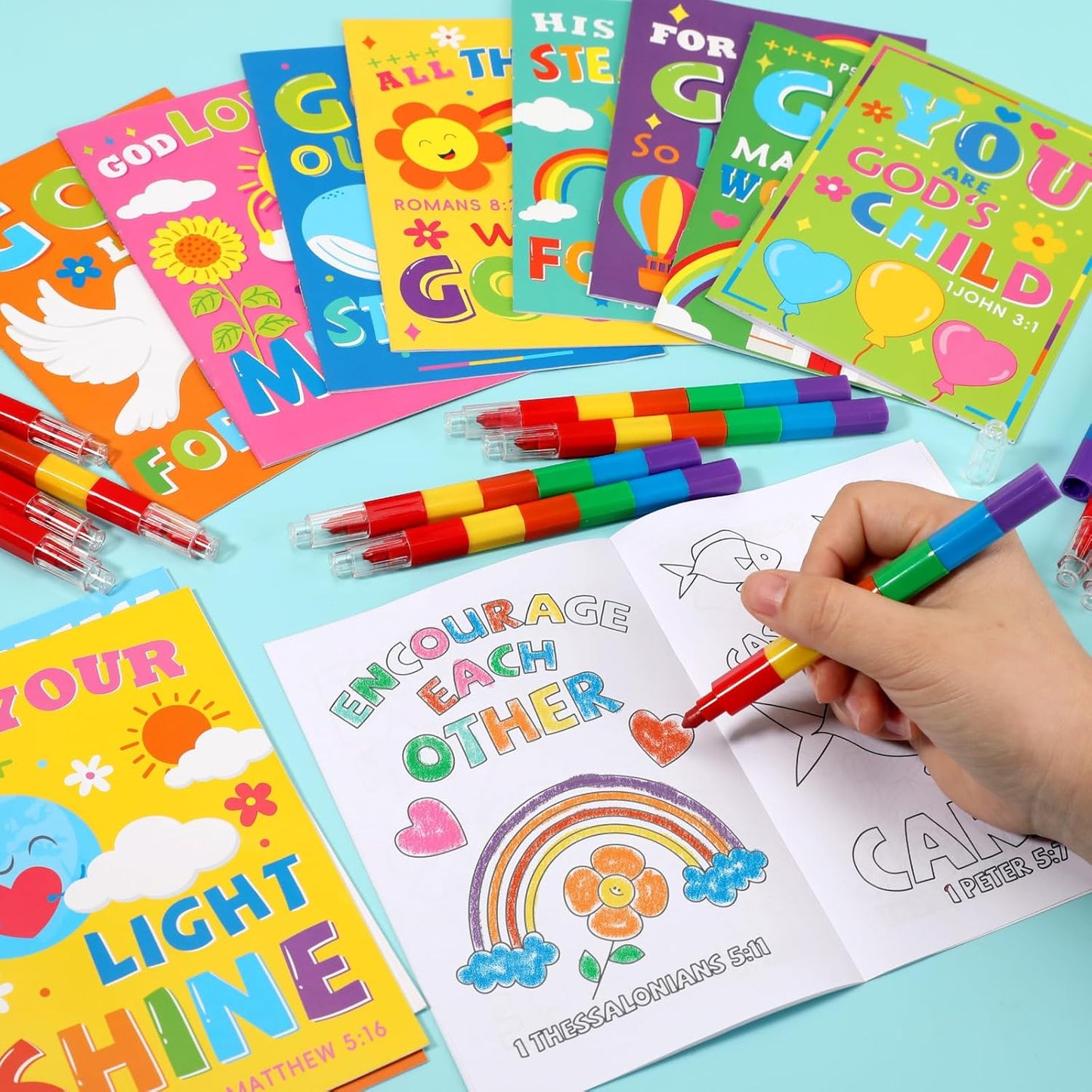 BenLouis 12 Bible Verses Mini Coloring Books Kids with 12 Stacking Crayons Christian Party Favors Small Activity Books Bulk for Kids Sunday School Religious Church Party Gift Goodie Bag Stuffers