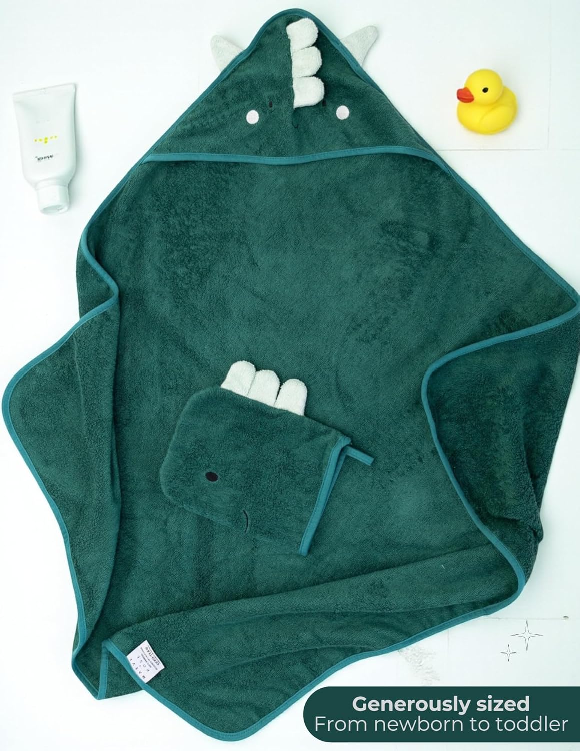 Hooded Baby Towel with Mitt - Ultra Soft Plush Bath Essential for Newborn, Infant & Toddler - Premium 30x30 Inch Large Absorbent Baby Bath Towels with Hood for Boys & Girls (Happy Dino)