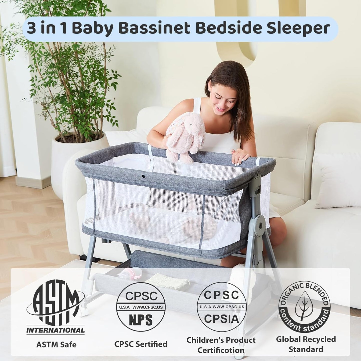 3-in-1 Baby Bassinet Bedside Sleeper with Wheels Bedside Bassinet for Newborn and Infant with Mattress and Storage Basket | Adjustable Height & Angle (13.5-18") | ASTM/CPSIA Certified (Grey)