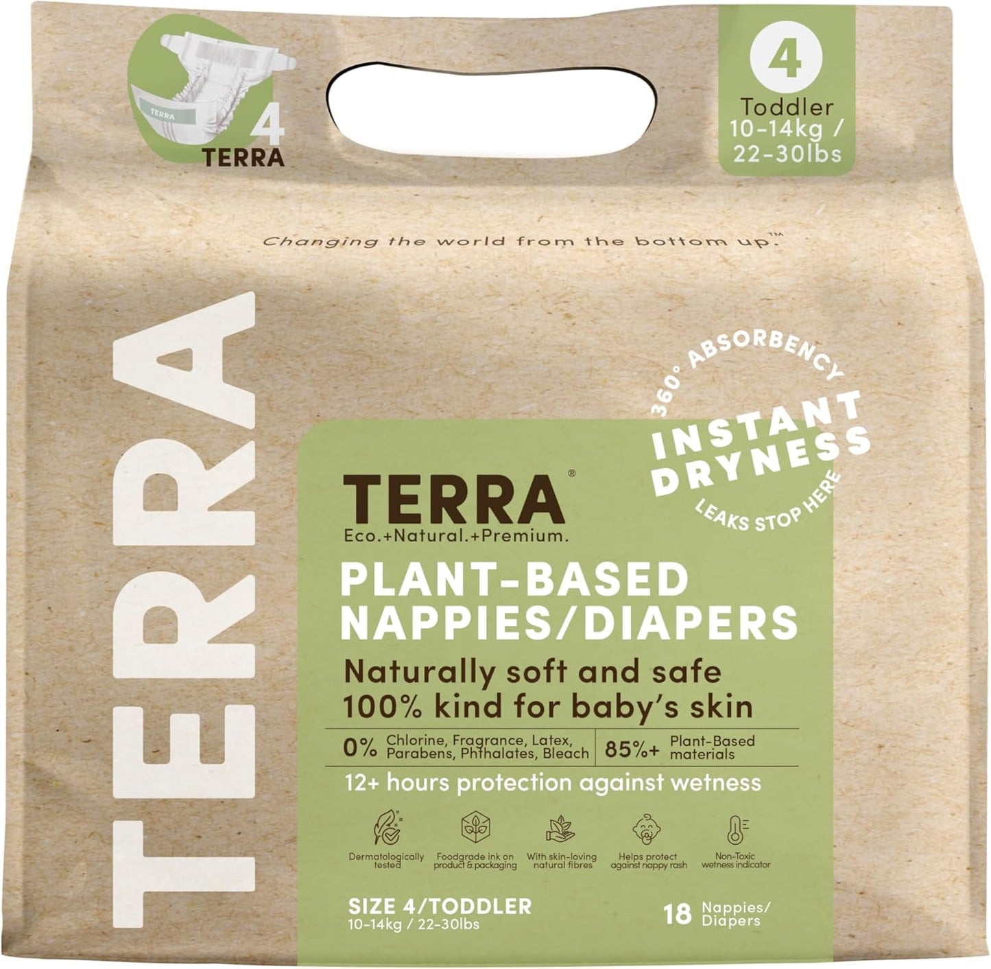 Terra Size 4 Diapers: 85% Plant-Based Diapers, Ultra-Soft & Chemical-Free for Sensitive Skin, 22-30 Pounds, 18 Count (Pack of 8)
