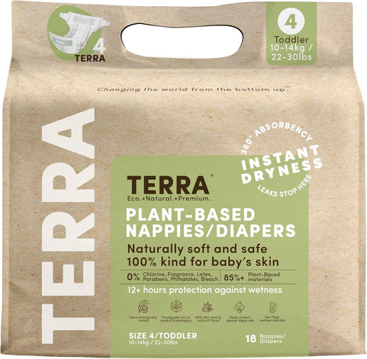 Terra Size 4 Diapers: 85% Plant-Based Diapers, Ultra-Soft & Chemical-Free for Sensitive Skin, 22-30 Pounds, 18 Count (Pack of 8)