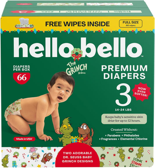 Hello Bello Dr. Seuss Baby Grinch Premium Diapers, Size 3 (14-24 lbs), 66ct Plus Bonus Wipes: Softness & Protection for Sensitive Skin