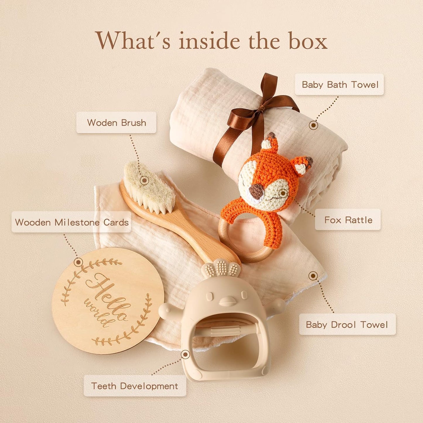 YOUUYS Baby Gift Set for Newborn - Baby Essential Bath Basket Gift Set with Baby Blanket Baby Rattle Teether Toy & Hair Brush Newborn Shower Gift for Baby Girls Boys 6PCS (Orange Fox)